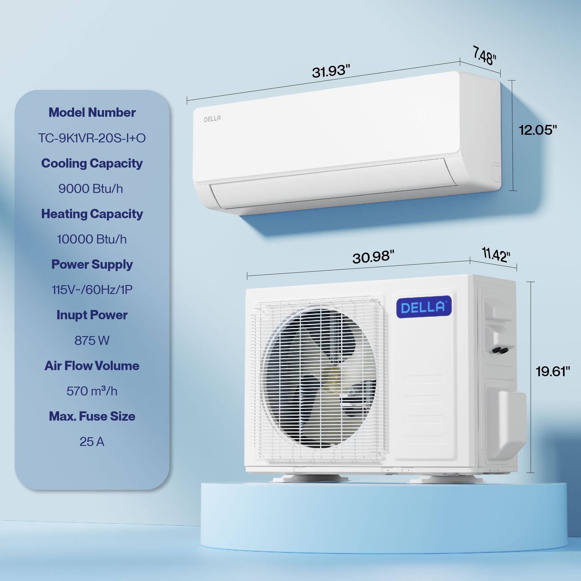 Model Number: TC-9K1VR-20S-I+O  
DELLA  

Cooling Capacity: 9000 Btu/h  
Heating Capacity: 10000 Btu/h  

Power Supply: 115V/60Hz/1P  
Input Power: 875 W  

Air Flow Volume: 570 m³/h  
Max. Fuse Size: 25 A  

Dimensions:  
- 31.93" x 7.48" x 12.05"  
- 30.98" x 11.42" x 19.61"