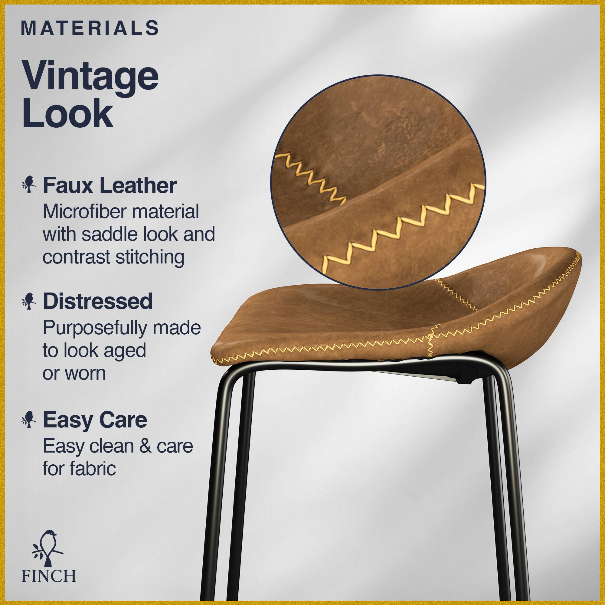 MATERIALS  
Vintage Look  
Faux Leather  
Microfiber material with saddle look and contrast stitching  
Distressed  
Purposefully made to look aged or worn  
Easy Care  
Easy clean & care for fabric  
FINCH