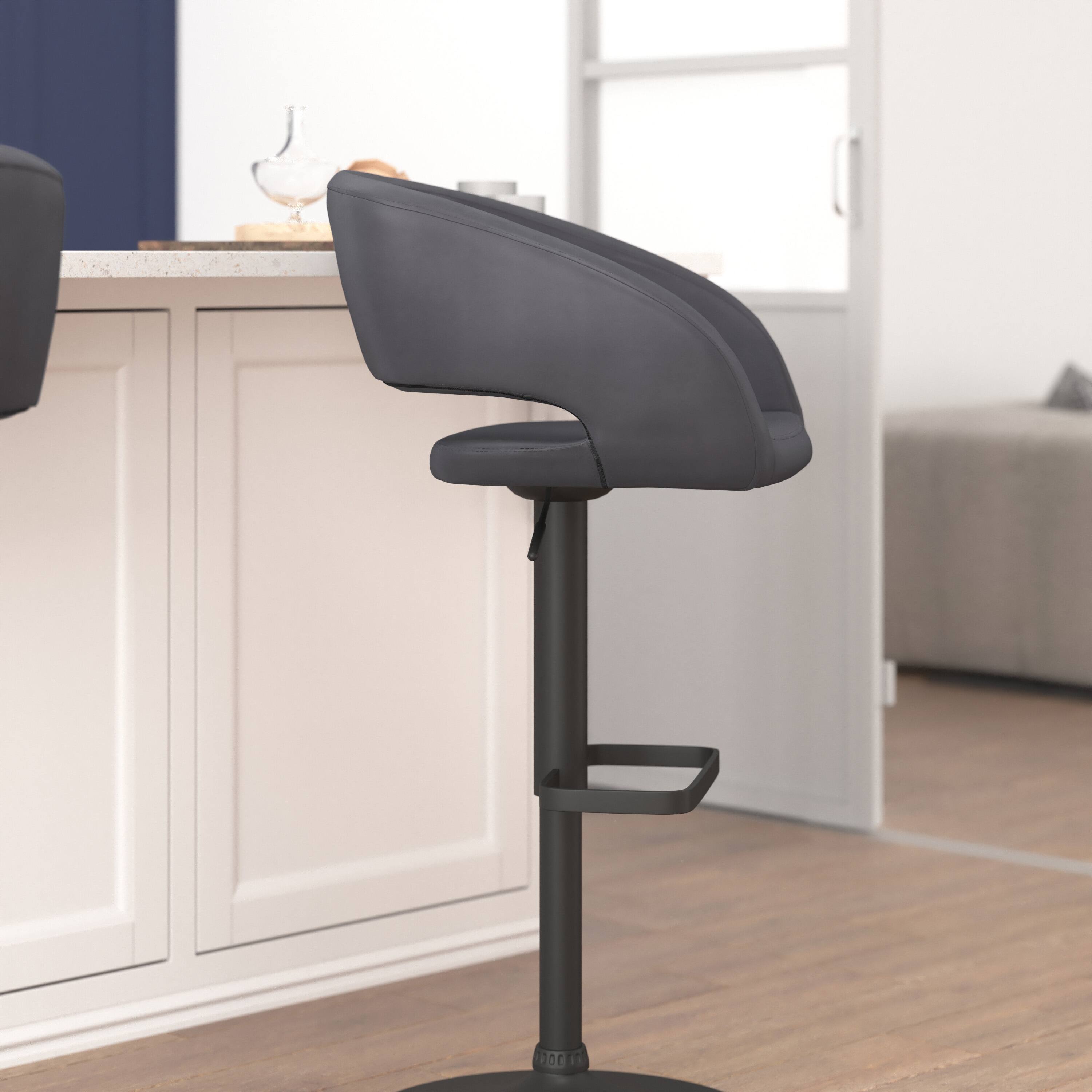 Alt View 3. Emma + Oliver - Shae Contemporary Upholstered Adjustable Height Barstool with Rounded, Cutout Mid-Back and Pedestal Base - Gray Vinyl/Black Frame.
