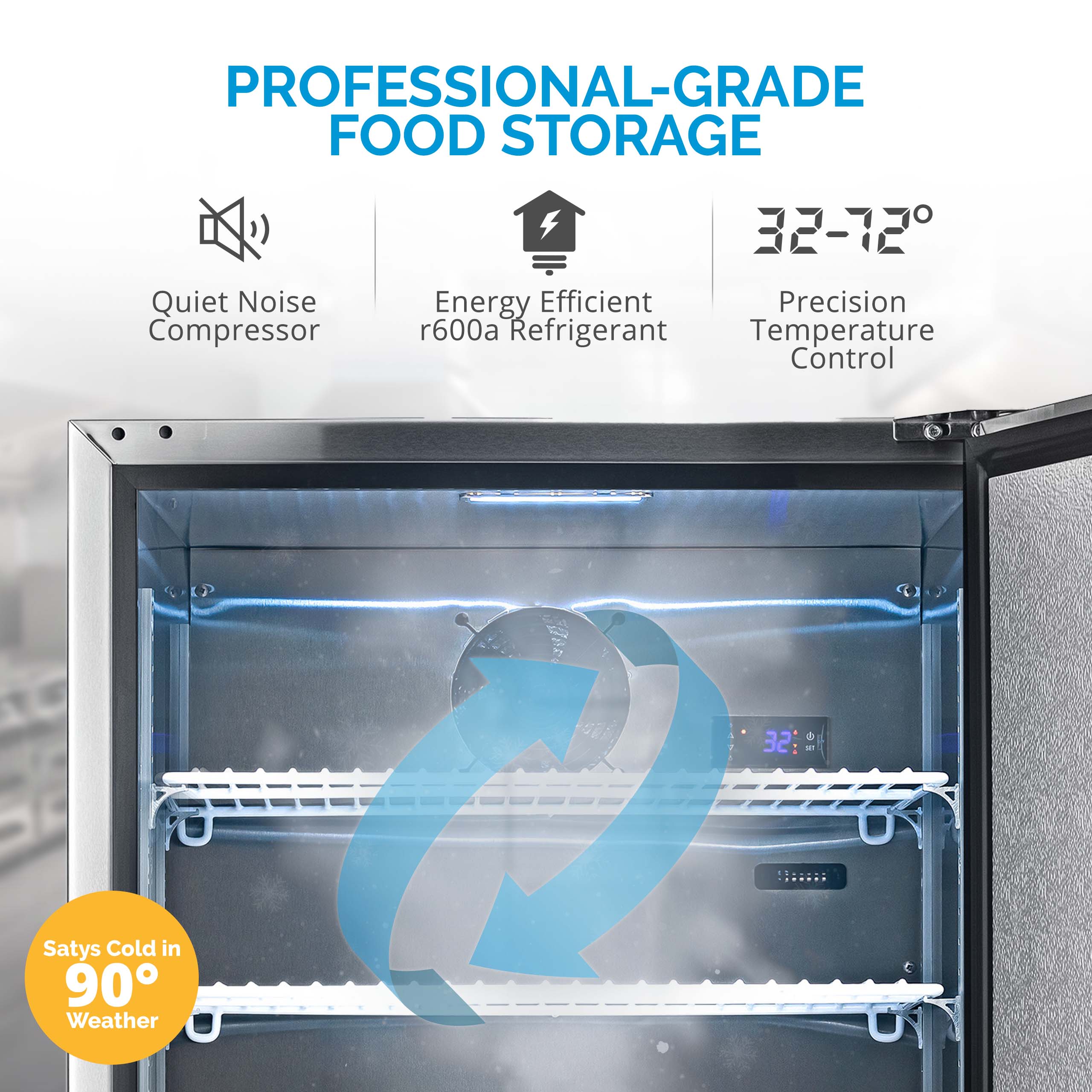 PROFESSIONAL-GRADE FOOD STORAGE  
32-72° Quiet Noise Energy Efficient Precision Compressor r600a Refrigerant Temperature Control  
32 ST  
Stays Cold in 90° Weather