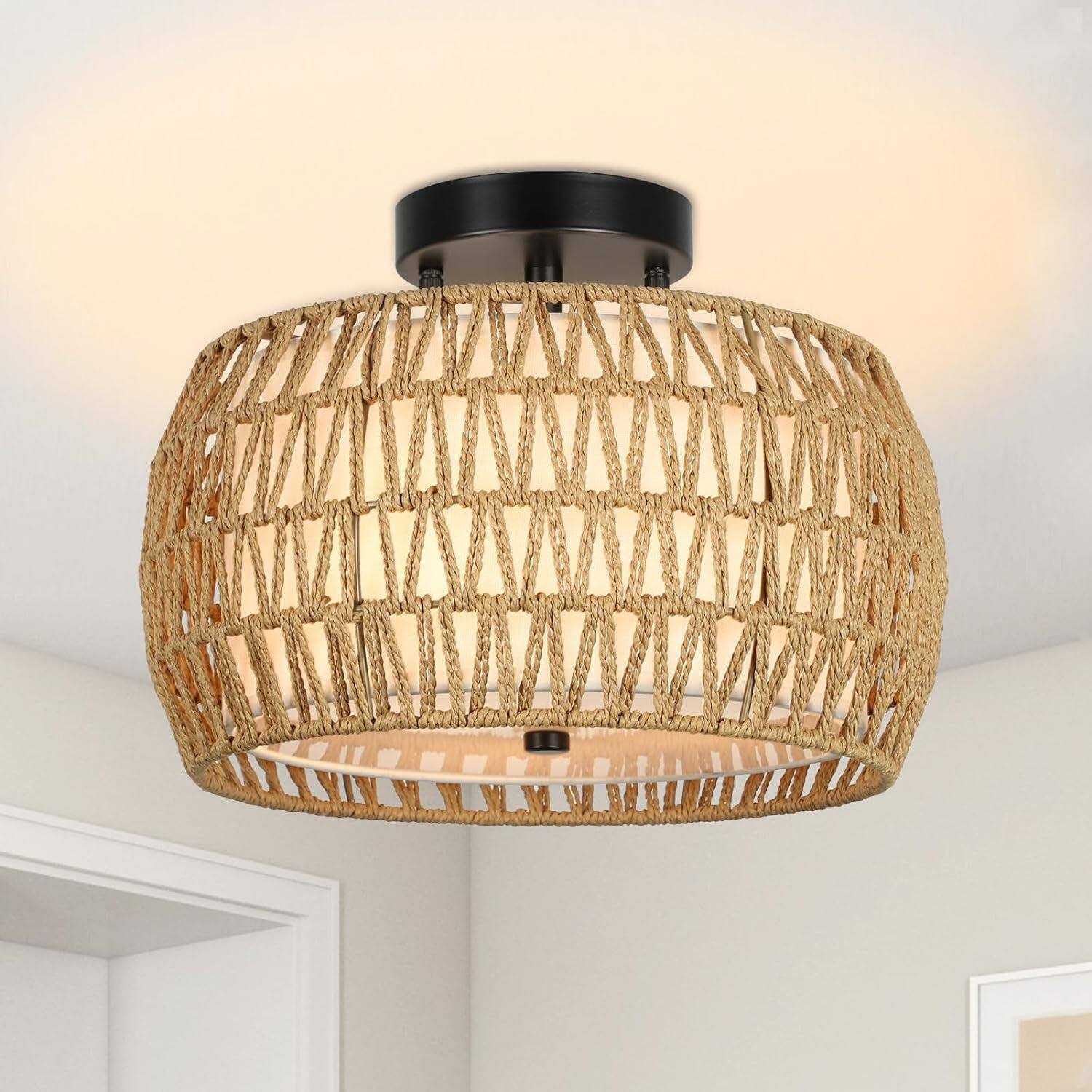 Front. MERAVOM - Boho Light Fixtures Ceiling Mount, Rattan Semi Flush Mount Ceiling Light, Farmhouse Light Fixtures with Fabric Shades - Brown.