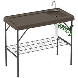 Outsunny - Folding Fish Cleaning Table with Sink, Portable Camping Sink Station with Faucet, Drainage Hose, Sprayer - Tan