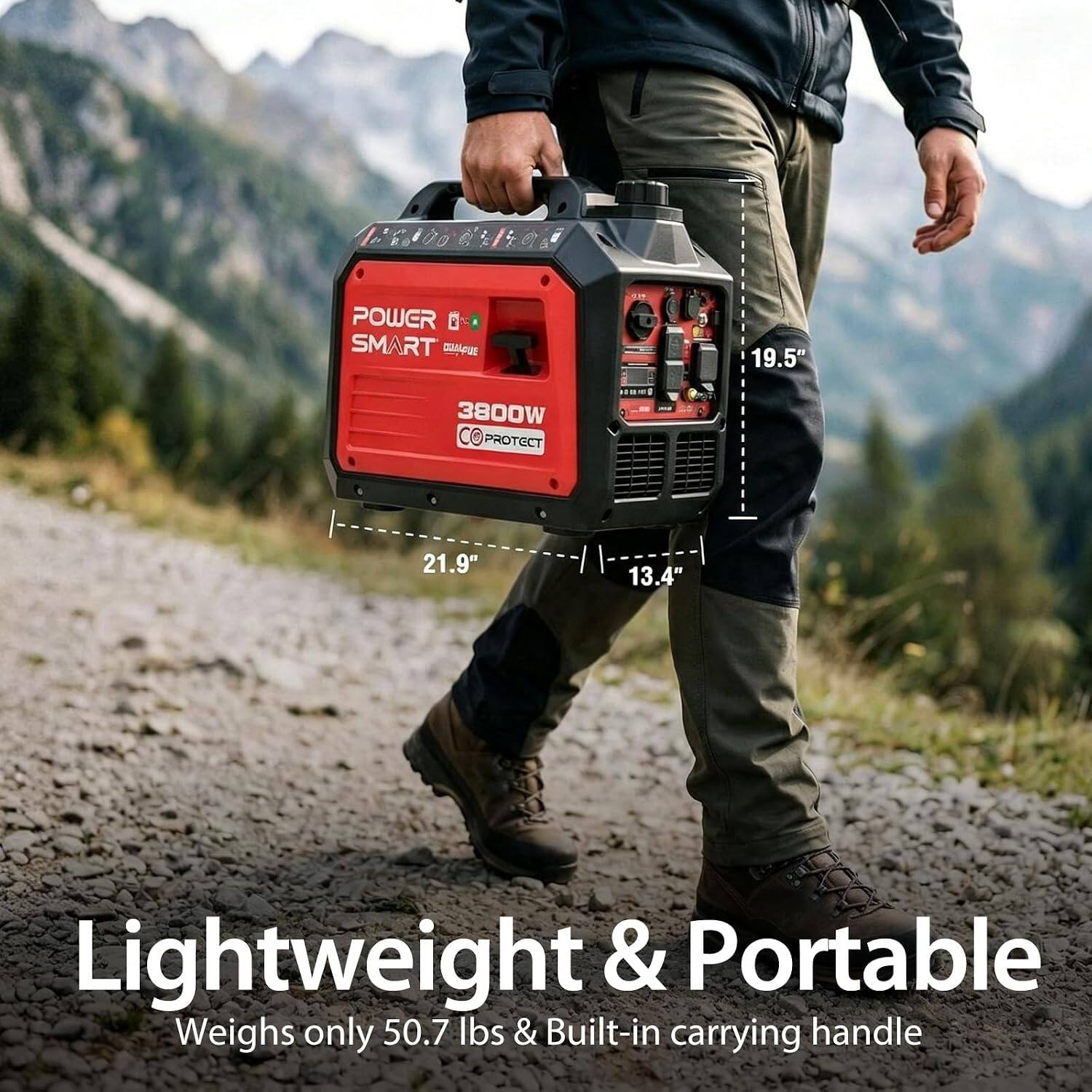 POWER SMART  
3800W PROTECT  
19.5"  
21.9"  
13.4"  
Lightweight & Portable  
Weighs only 50.7 lbs & Built-in carrying handle