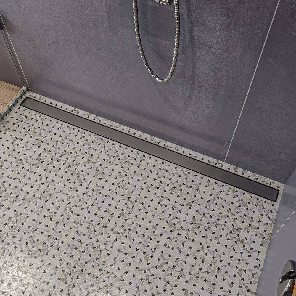 Angle. Alfi - 59" Brushed Stainless Steel Linear Shower Drain with Solid Cover - Silver.