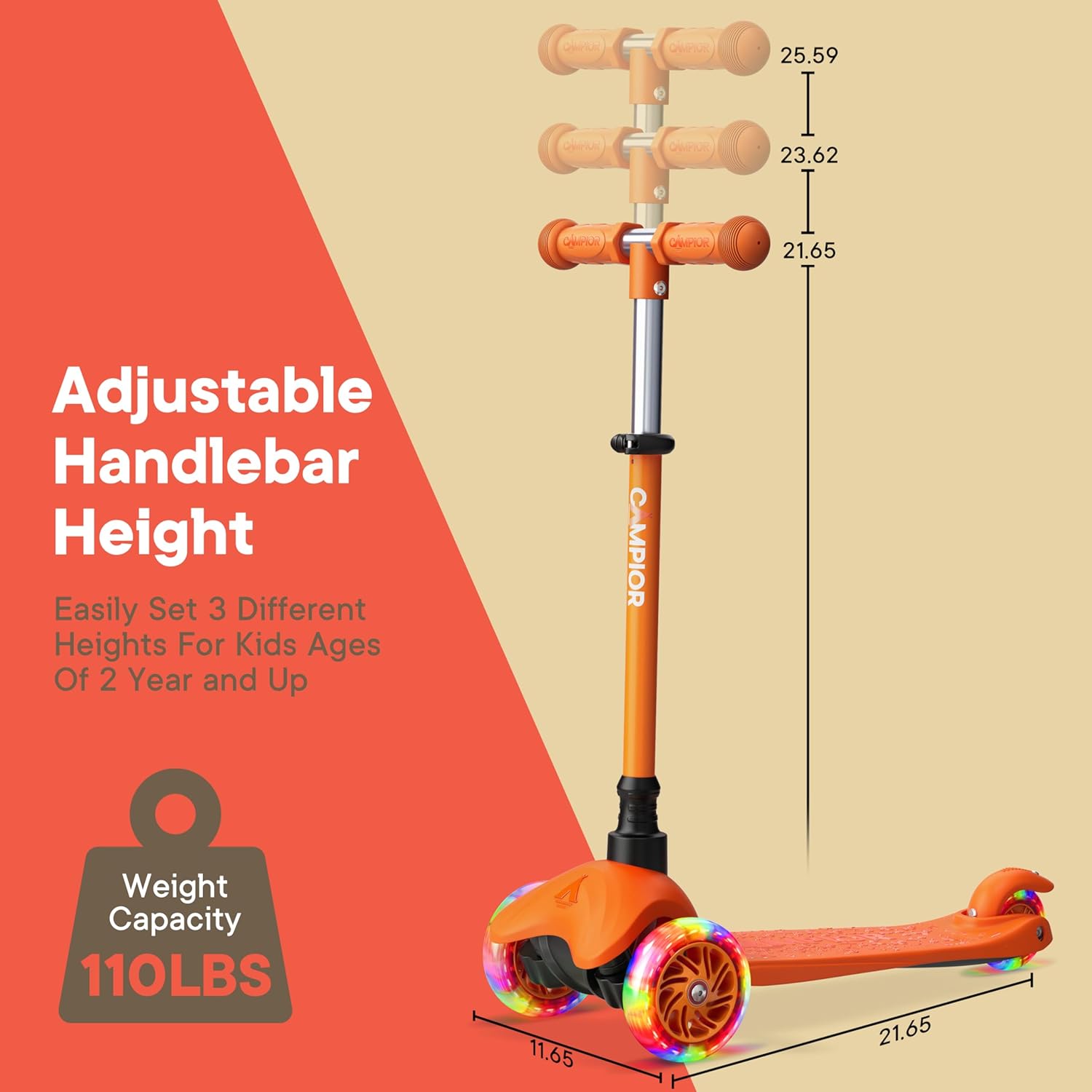 Qeeia Qel CNUE ONEus 25.59 I 23.62 OHER CHMPIOR 21.65 Adjustable Handlebar Height Easily Set 3 Different Heights For Kids Ages Of 2 Year and Up CAMPIOR Weight Capacity 110LBS 11.65 21.65