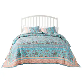 Barefoot Bungalow - Audrey Jacobean Fern and Floral Print all Over 3-Piece Bedspread Set King/Cal King - Turquoise