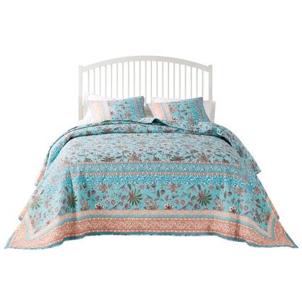 Front. Barefoot Bungalow - Barefoot Bungalow Audrey Jacobean Fern and Floral Print all Over 3-Piece Bedspread Set Queen Turquoise - Turquoise.