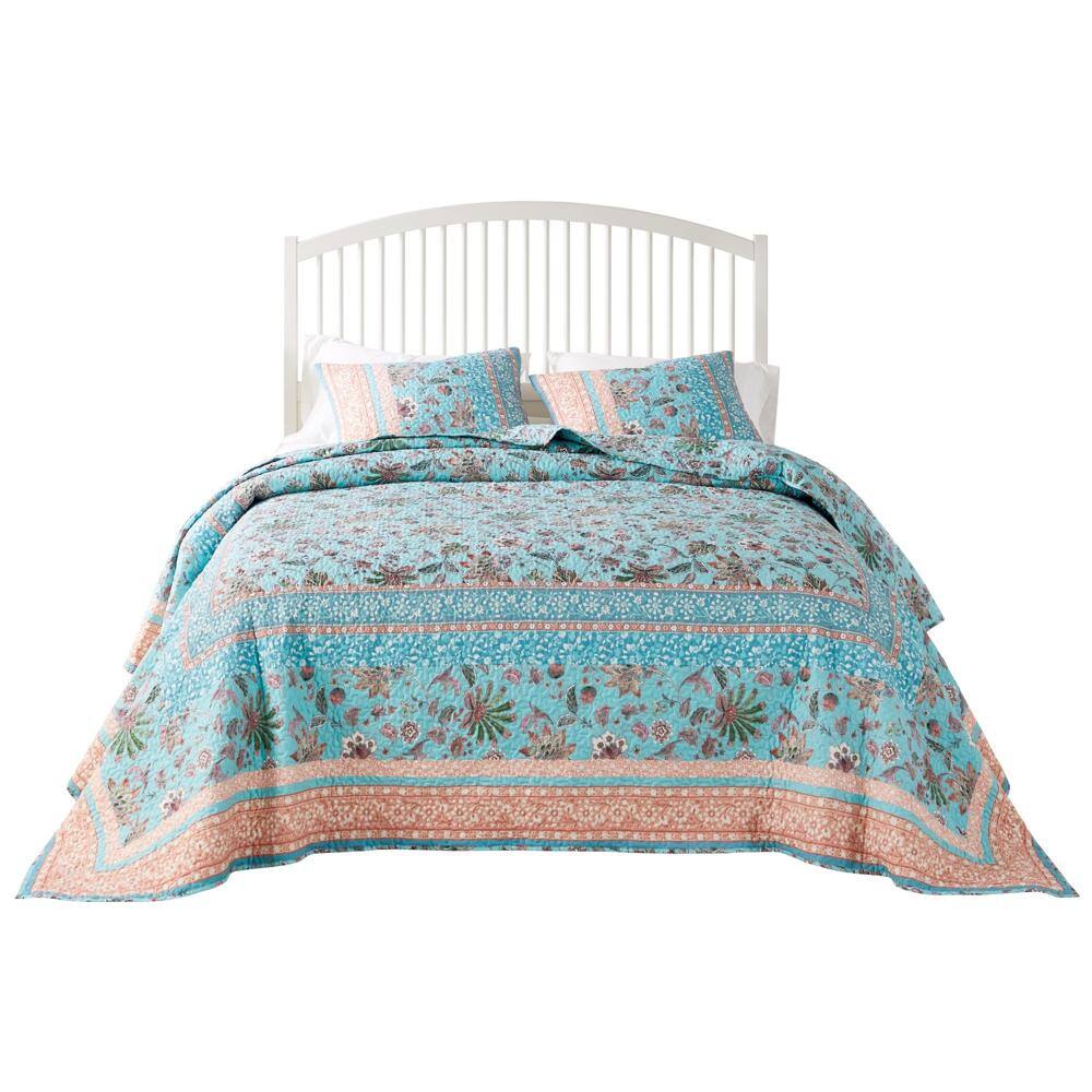 Front. Barefoot Bungalow - Barefoot Bungalow Audrey Jacobean Fern and Floral Print all Over 3-Piece Bedspread Set Queen Turquoise - Turquoise.