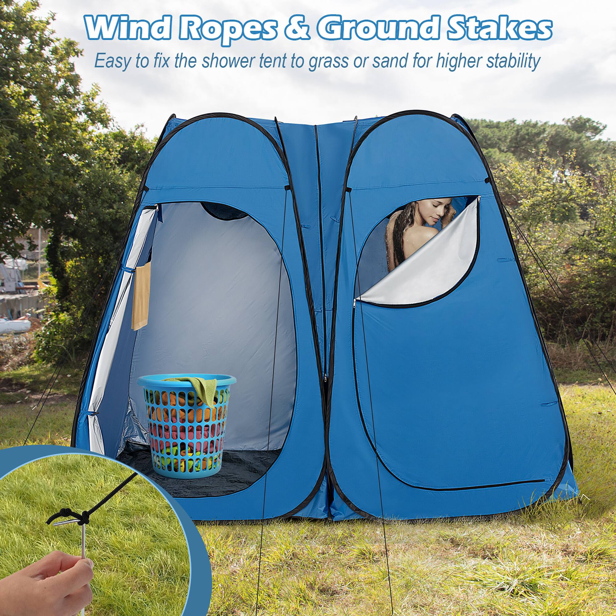 Wind Ropes & Ground Stakes  
Easy to fix the shower tent to grass or sand for higher stability