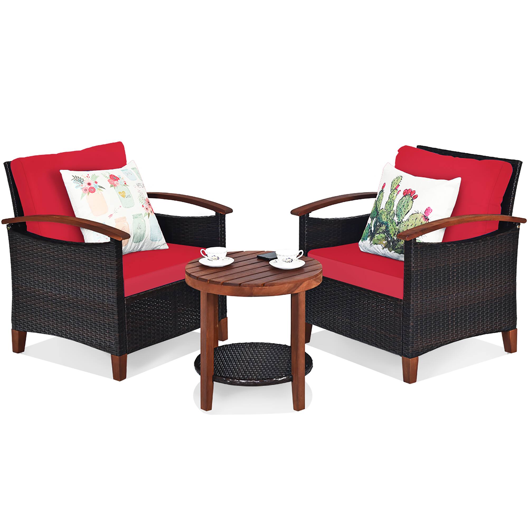 Alt View 9. Costway - Costway 3PCS Patio Rattan Furniture Set Wooden Frame Cushion Table Shelf - Red.