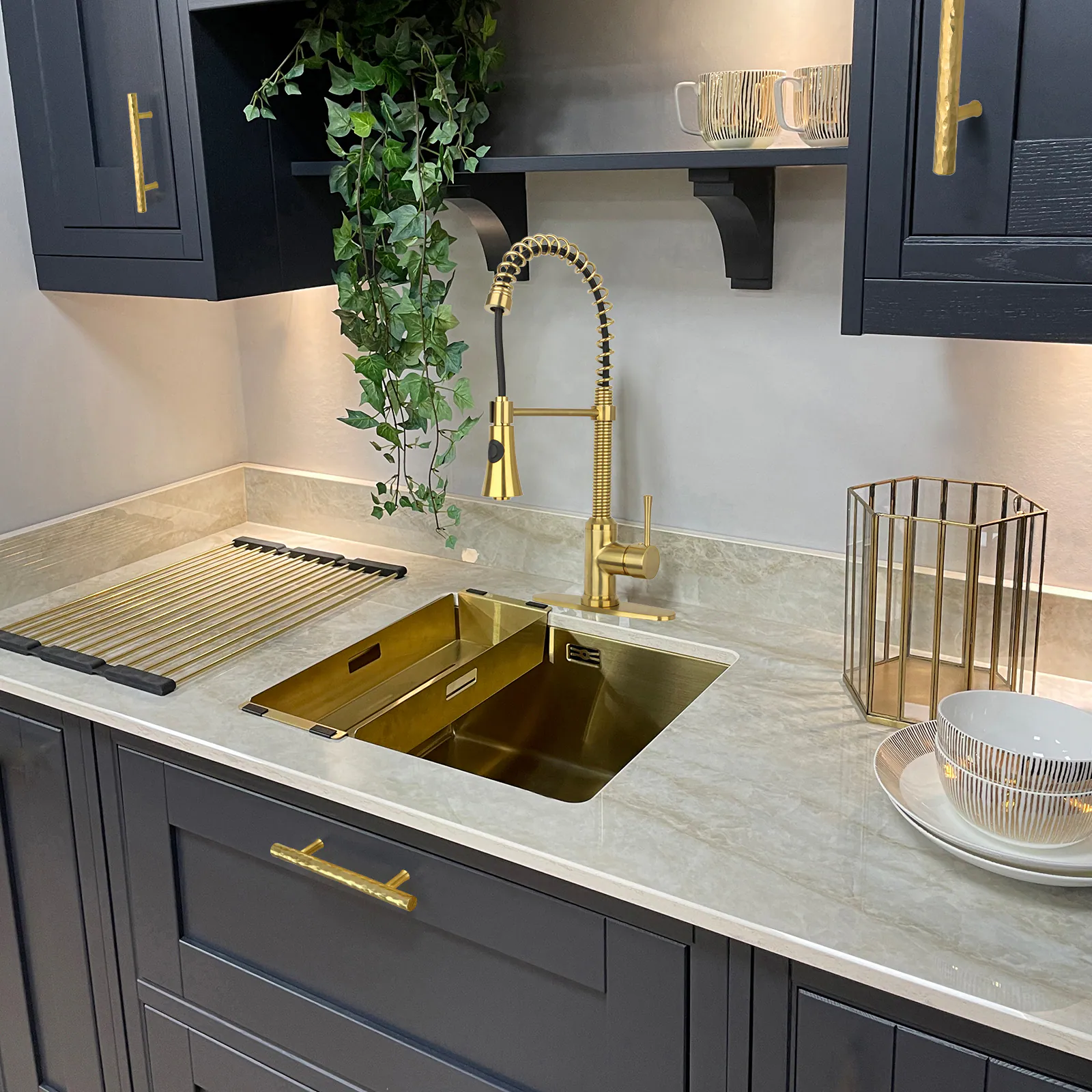 Alt View 4. Akicon - Akicon Solid Brass 3-3/4 Inch Hole Center Kitchen Cabinet Handles Drawer Pulls 5-Pack in Polished Gold - Polished Gold.