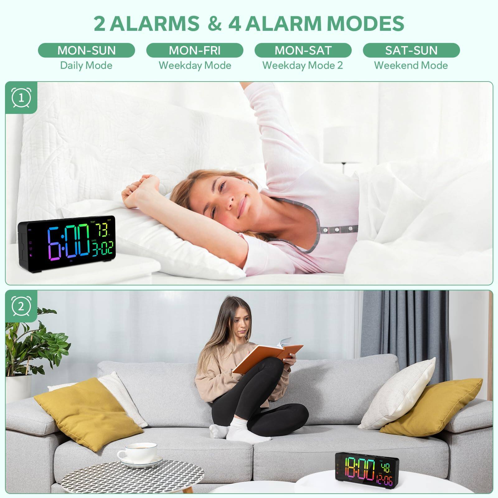 2 ALARMS & 4 ALARM MODES

MON-SUN Daily Mode  
MON-FRI Weekday Mode  
MON-SAT Weekday Mode 2  
SAT-SUN Weekend Mode

1. 6:00 73 3-02  
2. 10:00 48 2.06