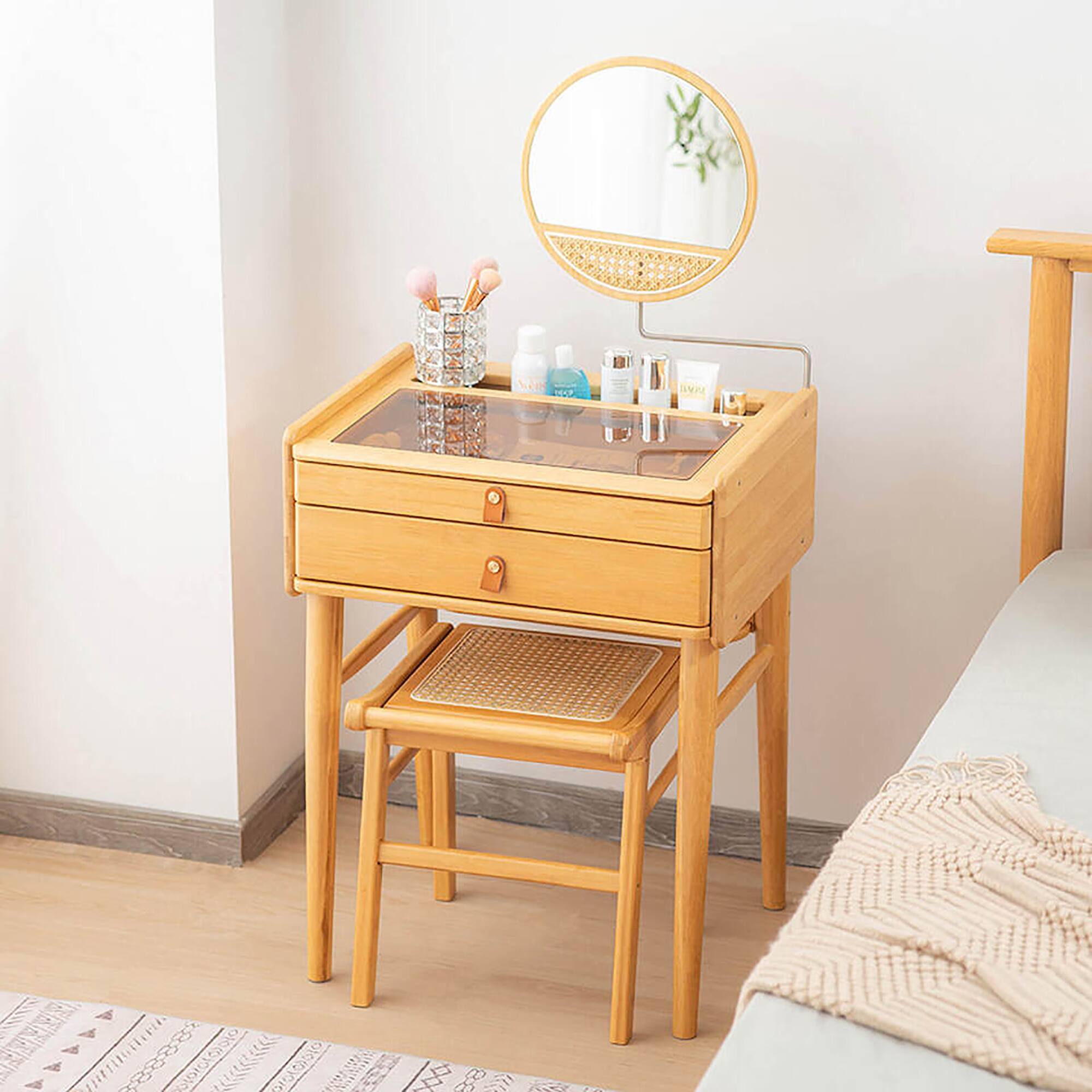 Alt View 4. Gymax - Gymax Vanity Table Set Bamboo Makeup Dressing Desk Stool Tempered Glass Tabletop - Natural.