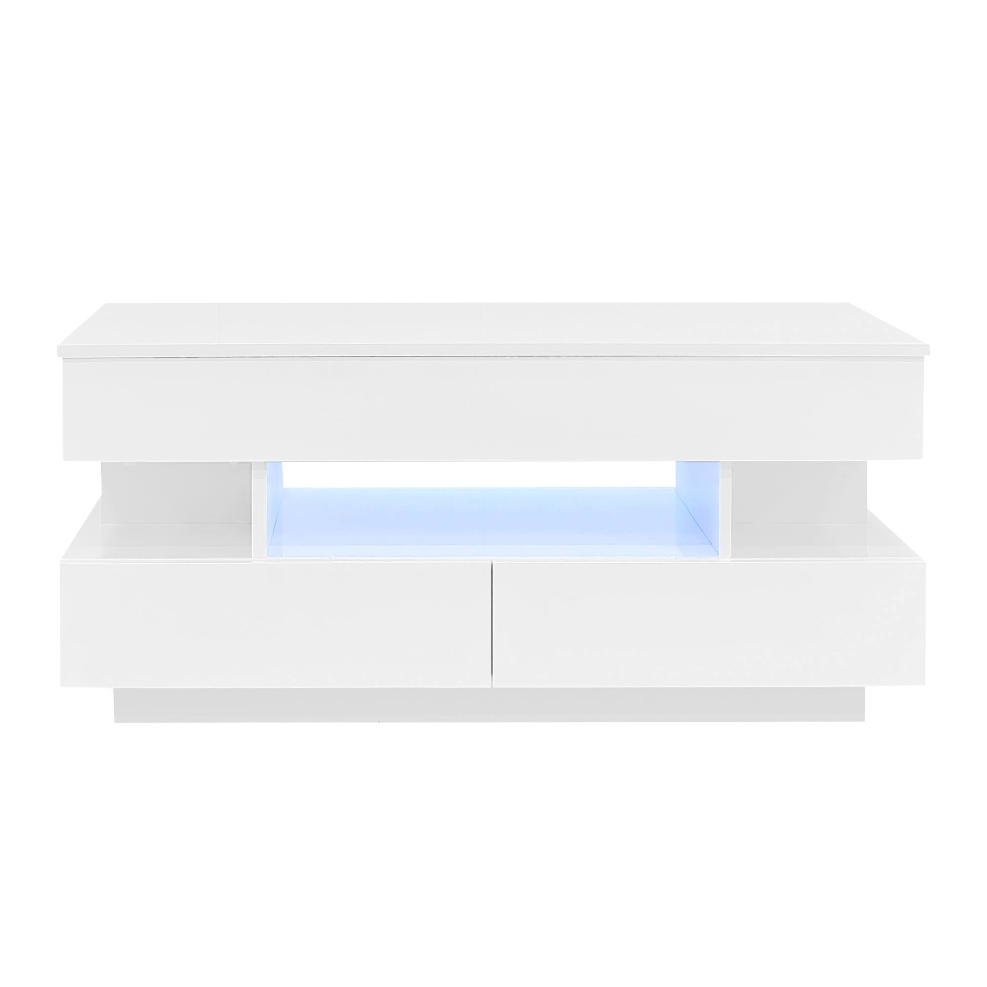 Alt View 4. Bestier - Lift Top Coffee Table with Storage, Modern LED Lighted Coffee Table with 2 Drawers and Open Shelf for Living Room - White.