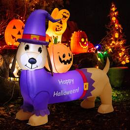 Costway - 5 FT Long Halloween Inflatable Dachshund Dog with Pumpkin Self Inflating Yard - Orange/Purple