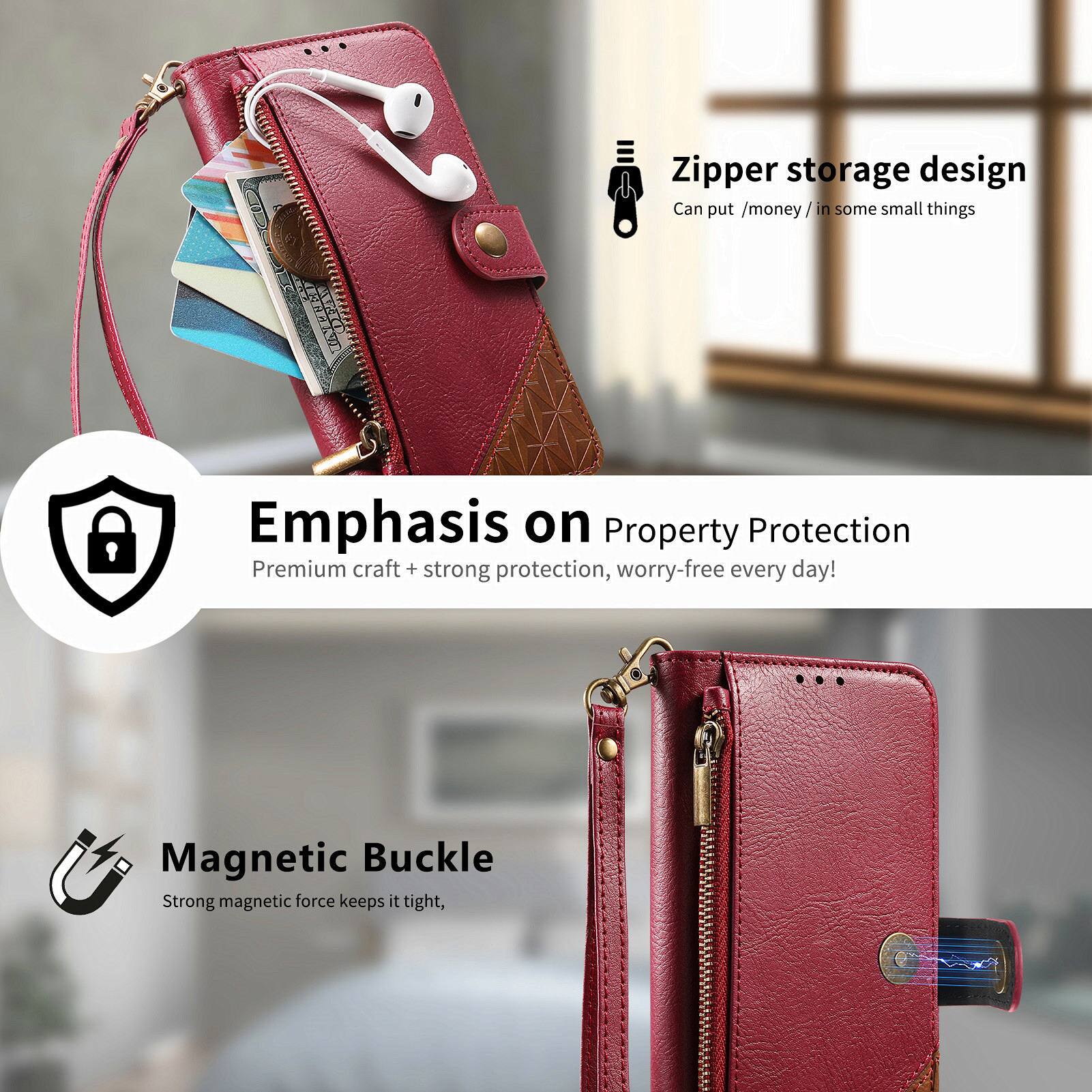 Zipper storage design  
Can put /money /in some small things  

Emphasis on Property Protection  
Premium craft + strong protection, worry-free every day!  

Magnetic Buckle  
Strong magnetic force keeps it tight