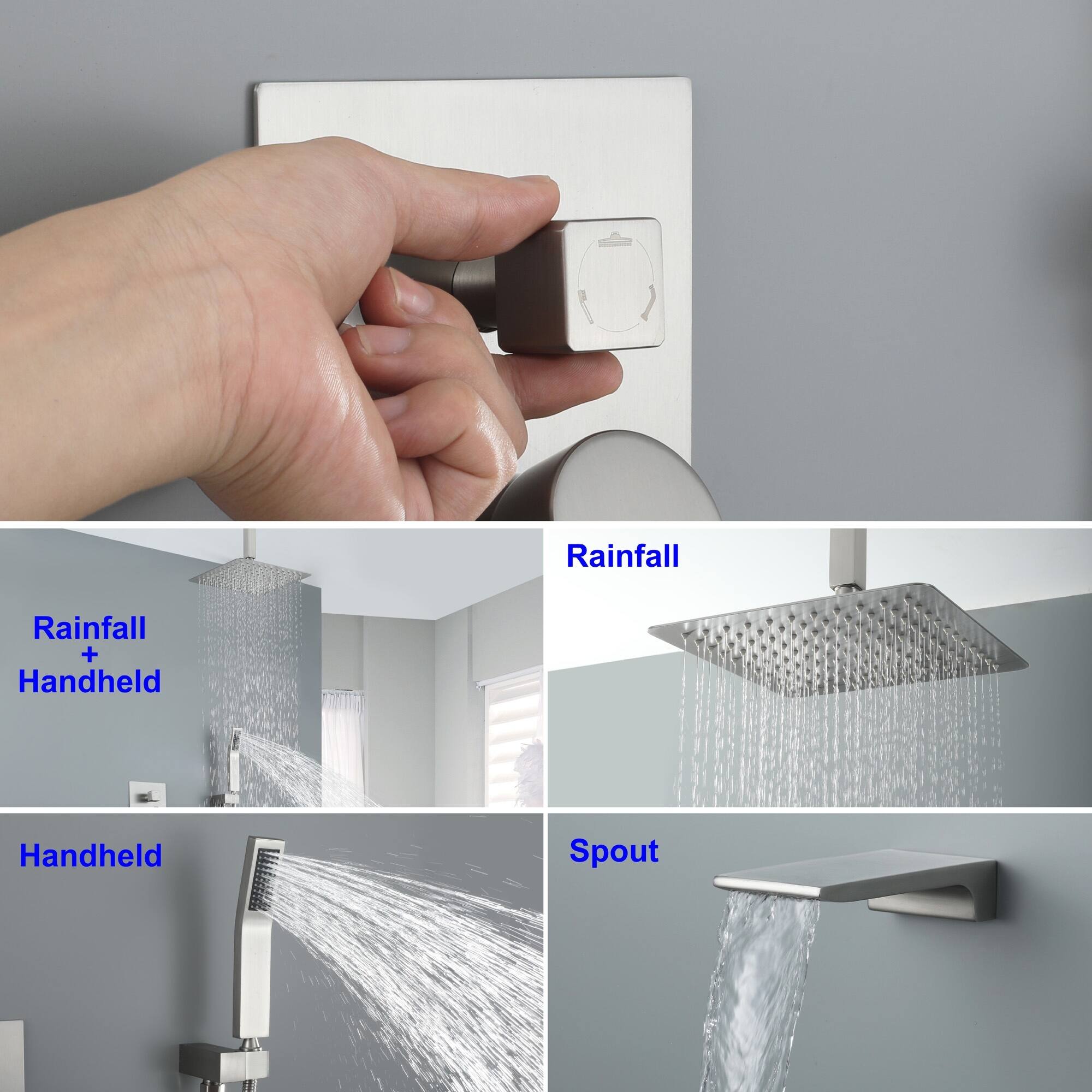- Rainfall
- Handheld
- Rainfall + Handheld
- Spout