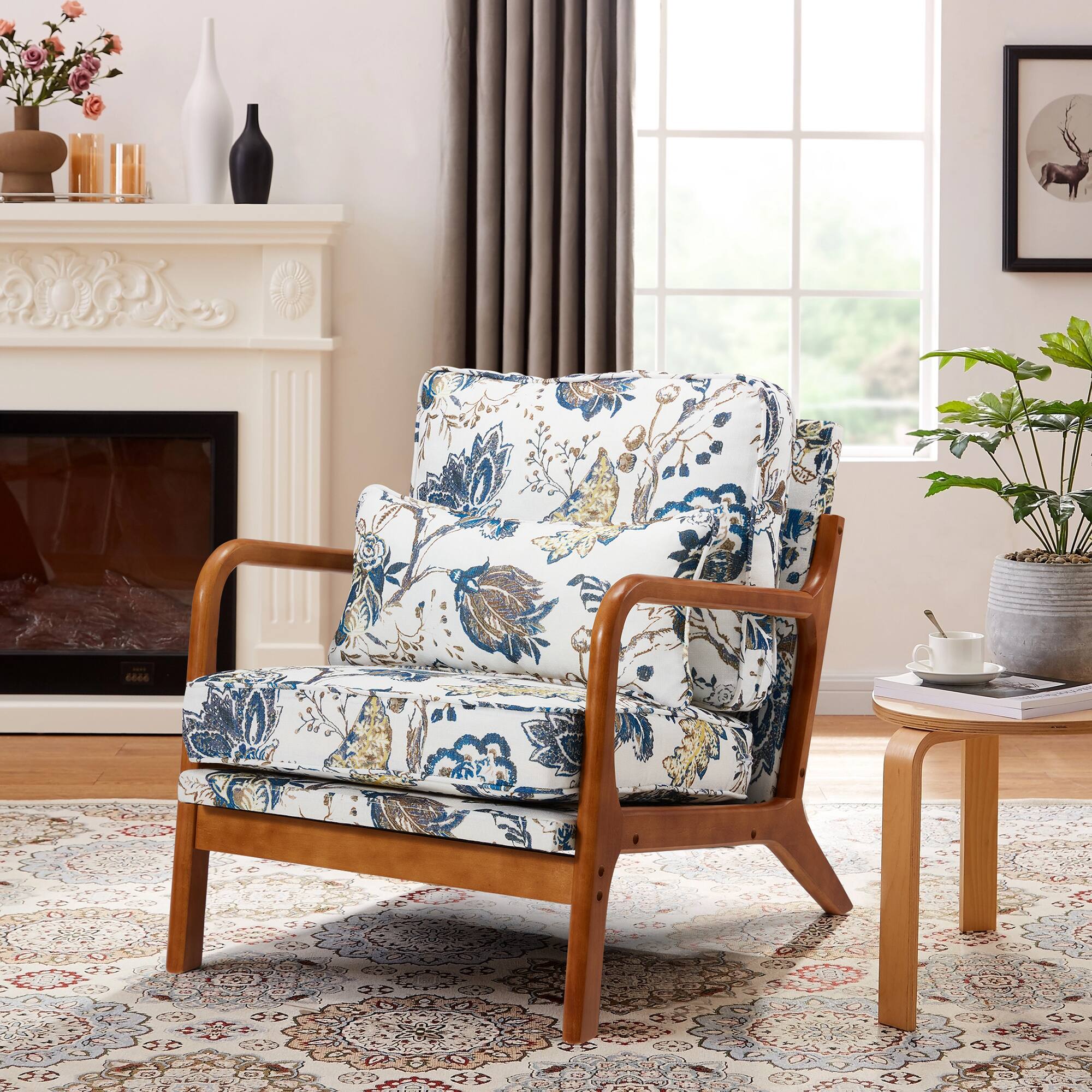 Angle. U-HOMY - Mid-Century Modern Accent Chair, Solid Wood Armchair with Upholstered Cushion for Living Room, Bedroom - Blue.