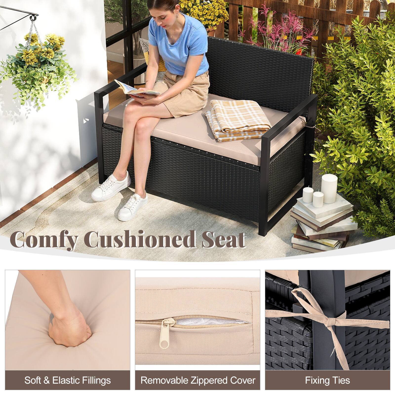 Comfy Cushioned Seat  
Soft & Elastic Fillings  
Removable Zippered Cover  
Fixing Ties