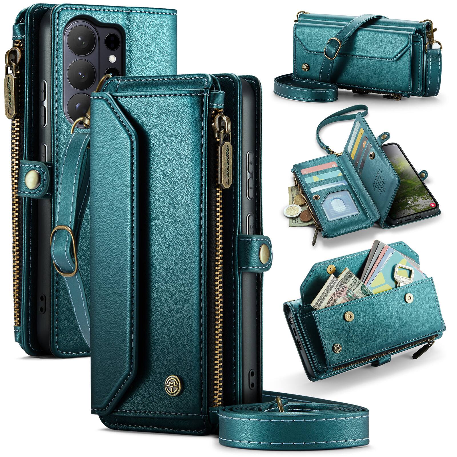 Angle. Dteck - Wallet Case for Samsung Galaxy S26 Ultra, PU Leather RFID Blocking Card Holder Kickstand Cover with Crossbody Strap - Green.