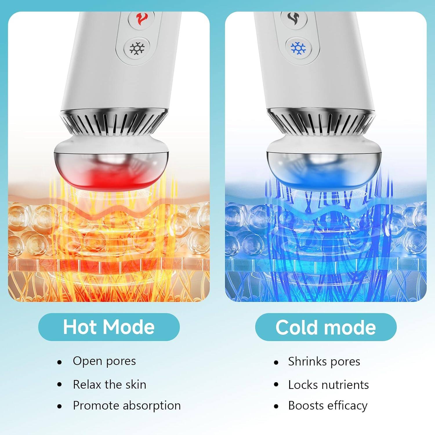 Hot Mode  
- Open pores  
- Relax the skin  
- Promote absorption  

Cold mode  
- Shrinks pores  
- Locks nutrients  
- Boosts efficacy