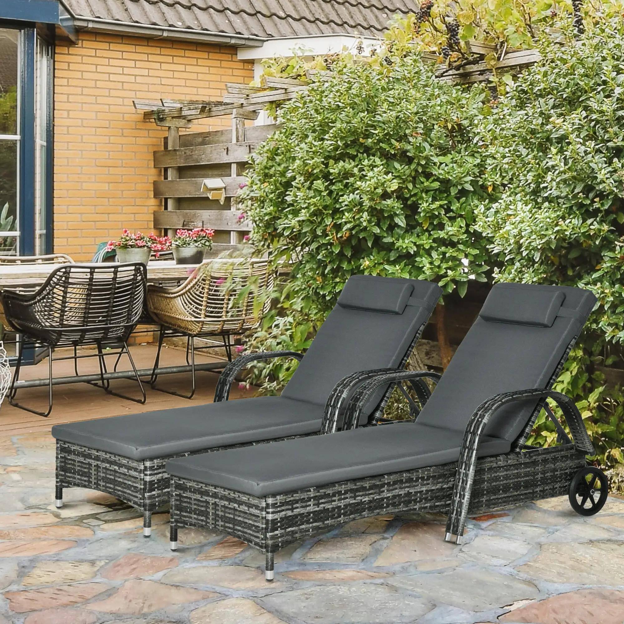 Left. Resenkos - Resenkos 2-Piece Reclining Chaise Lounge Chairs - Rolling Comfort Chairs With Cushions, Mixed Gray, Charcoal Gray - Mixed Gray, Charcoal Gray.