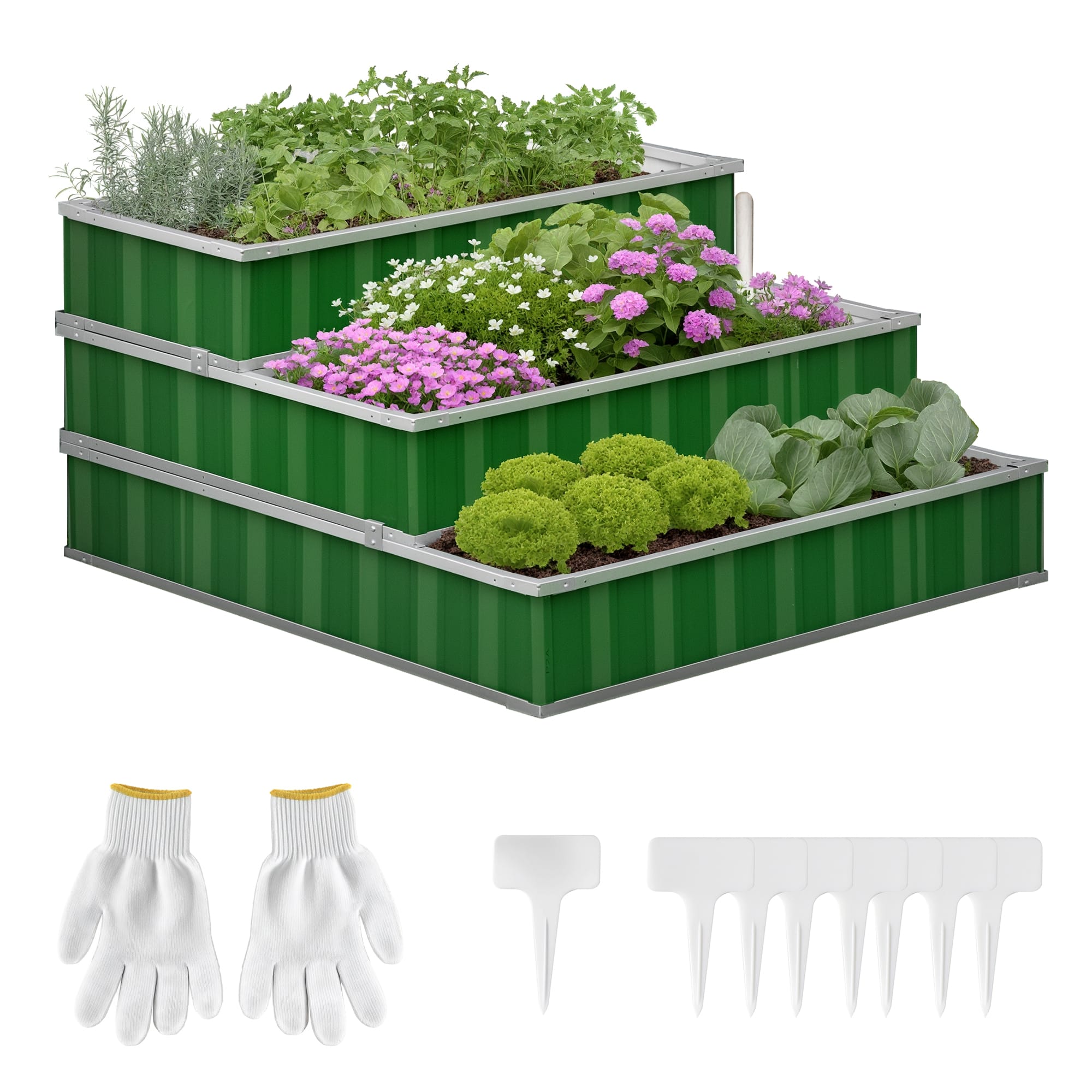 Outsunny - 3 Tier Raised Garden Bed Outdoor Metal Patio Planter Box with Gloves, 4' x 4' x 2' for Backyard - Green