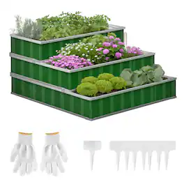 Outsunny - 3 Tier Raised Garden Bed Outdoor Metal Patio Planter Box with Gloves, 4' x 4' x 2' for Backyard - Green