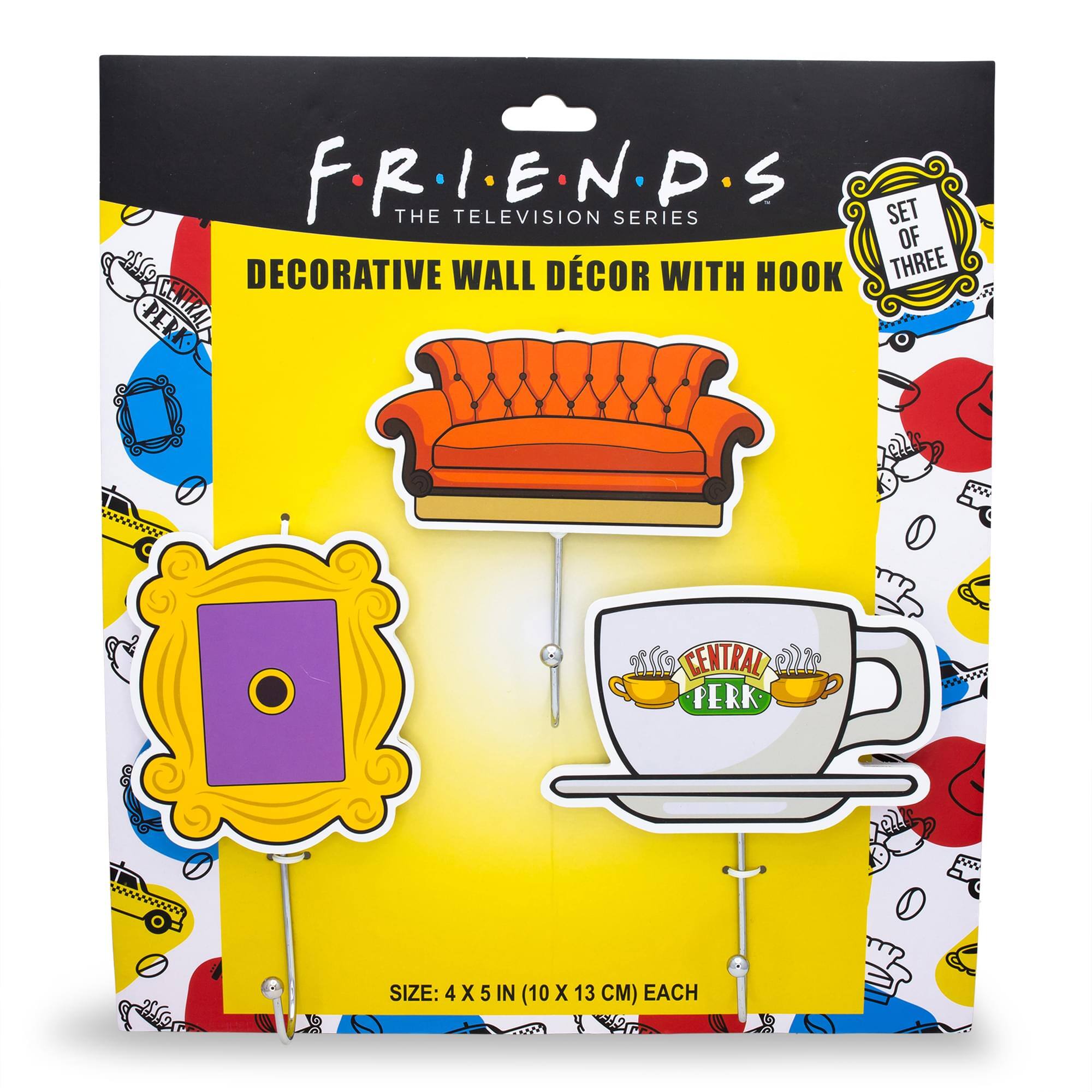 F.R.I.E.N.D.S  
THE TELEVISION SERIES  

DECORATIVE WALL DECOR WITH HOOK  

SET OF THREE  

SIZE: 4 X 5 IN (10 X 13 CM) EACH