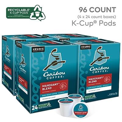 RECYCLABLE K-CUP® PODS  
CHECK LOCALLY FOR RECYCLING OPTIONS  

96 COUNT  
(4 x 24 count boxes)  

K-Cup® Pods  

Caribou Coffee  
MAHOGANY BLEND  
FULL-BODIED COFFEE  
DARK ROAST  

MAHOGANY BLEND