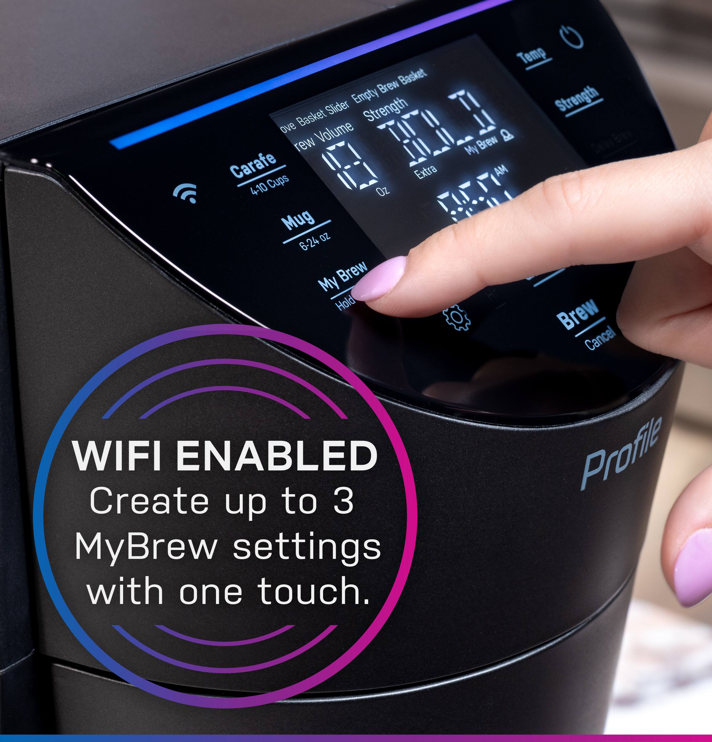 The text on the image is grouped and corrected as follows:

"WiFi Enabled: Create up to 3 MyBrew settings with one touch. Profile."