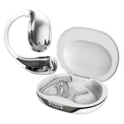 Front. RCA - WAVE-88 AI Translator TWS Bluetooth Open-Ear Earbuds with Mics, On-Ear Controls, Charging Case with Screen, 6 Hr Life - White.