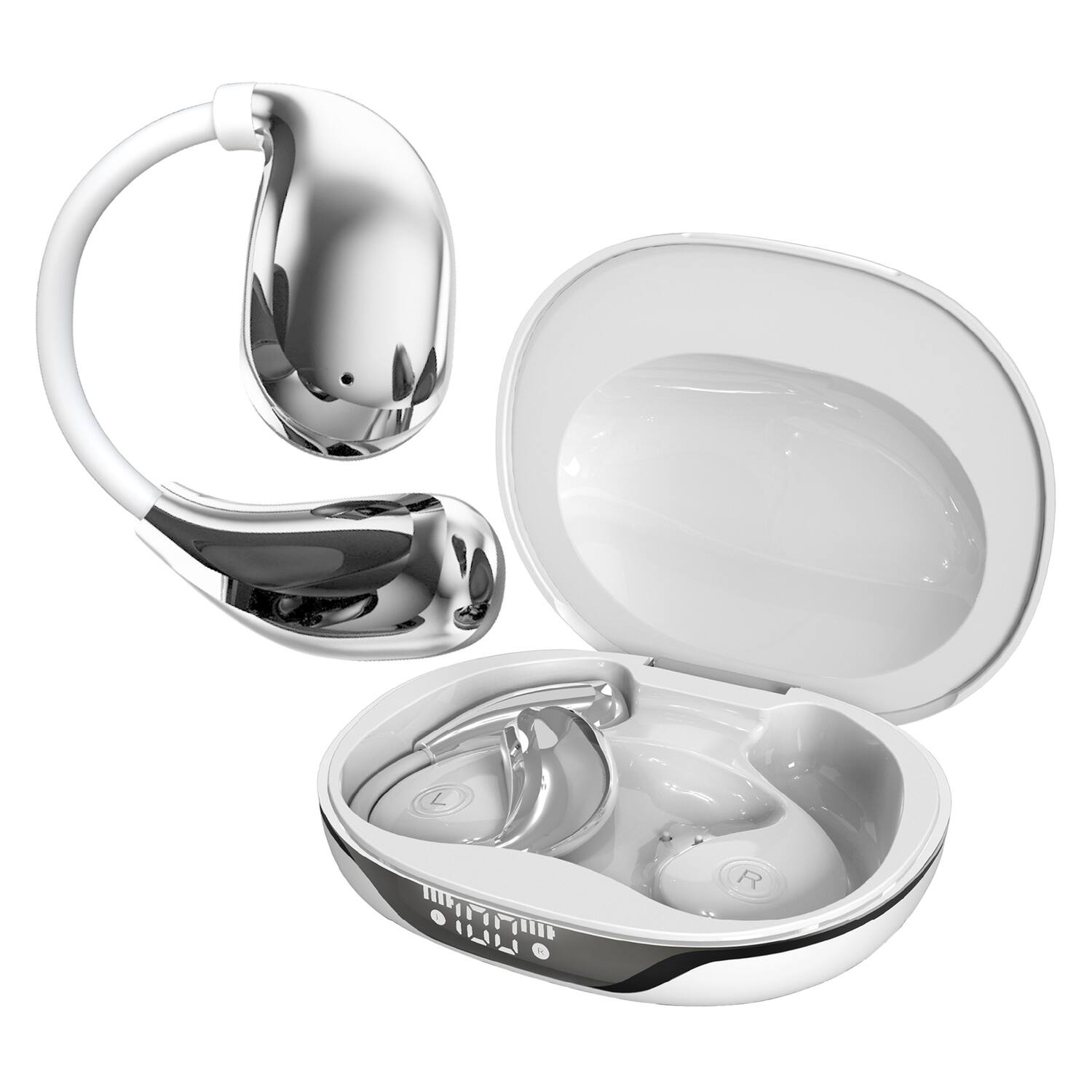 Front. RCA - WAVE-88 AI Translator TWS Bluetooth Open-Ear Earbuds with Mics, On-Ear Controls, Charging Case with Screen, 6 Hr Life - White.