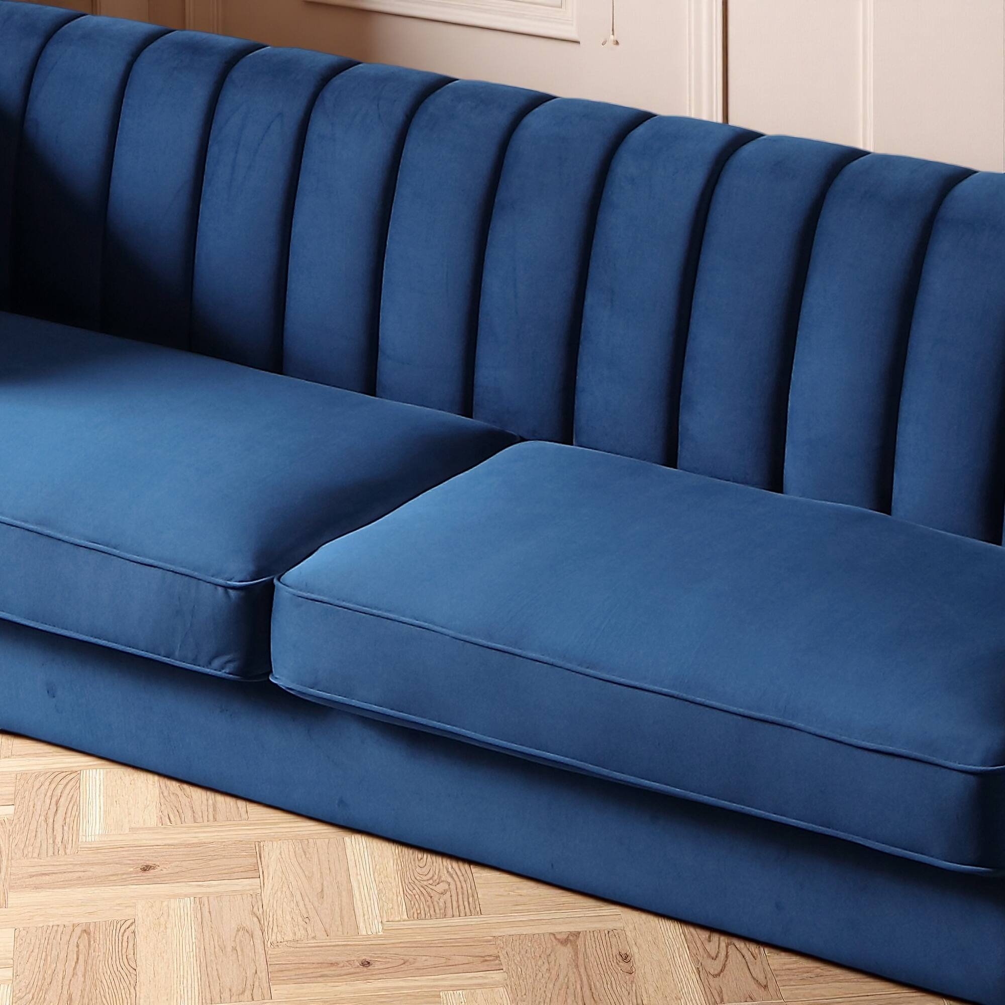 Back. Anysun - Modern 3-Seat Cream Velvet Sofa with Gold Accents - Channel-Tufted for Living Room & Office. - Blue.