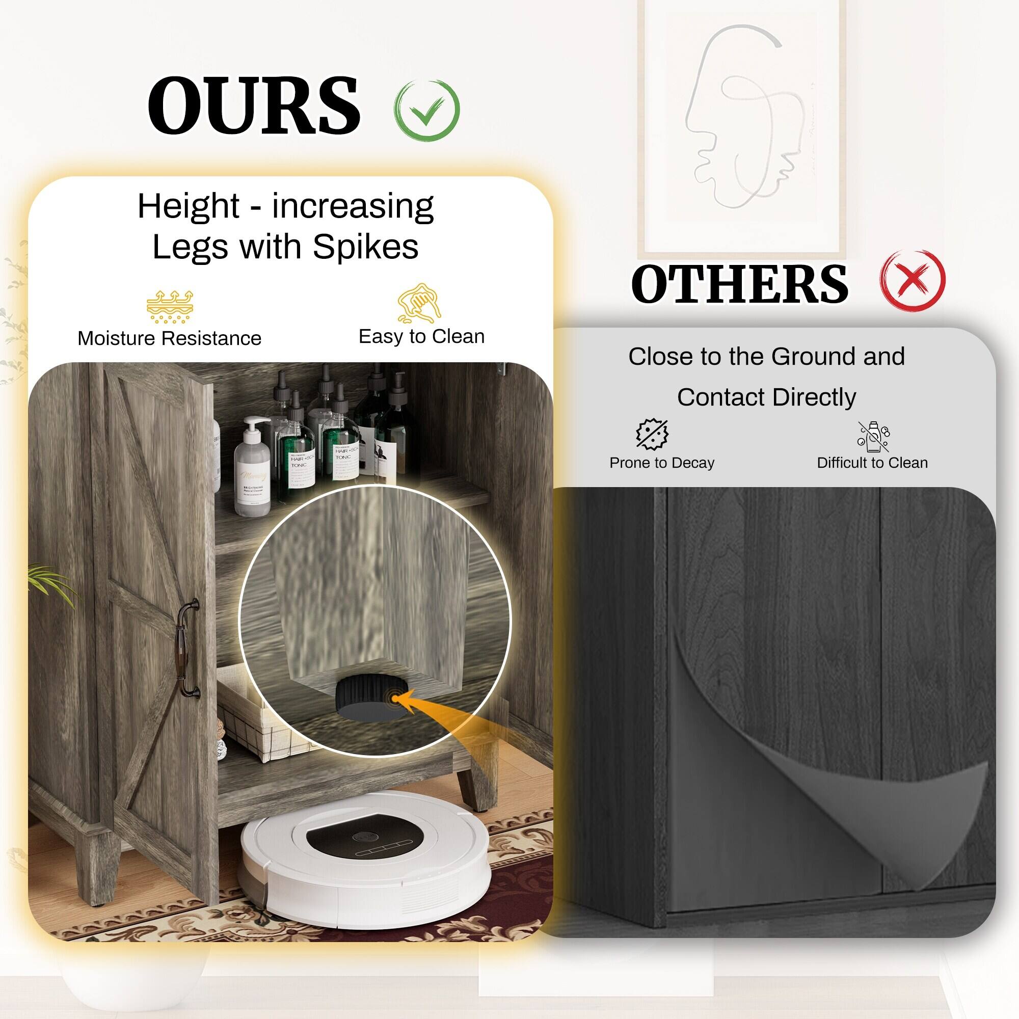 **OURS**

- Height - increasing Legs with Spikes
- Moisture Resistance
- Easy to Clean

**OTHERS**

- Close to the Ground and Contact Directly
- Prone to Decay
- Difficult to Clean