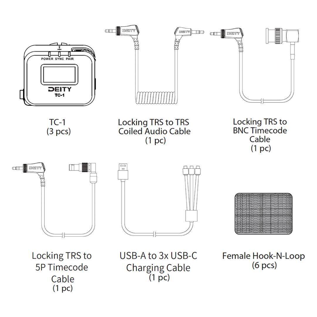 POWER SYNC PAIR  
DEITY TC-1 (3 pcs)  

Locking TRS to TRS Coiled Audio Cable (1 pc)  

Locking TRS to BNC Timecode Cable (1 pc)  

Locking TRS to 5P Timecode Cable (1 pc)  

USB-A to 3x USB-C Charging Cable (1 pc)  

Female Hook-N-Loop (6 pcs)
