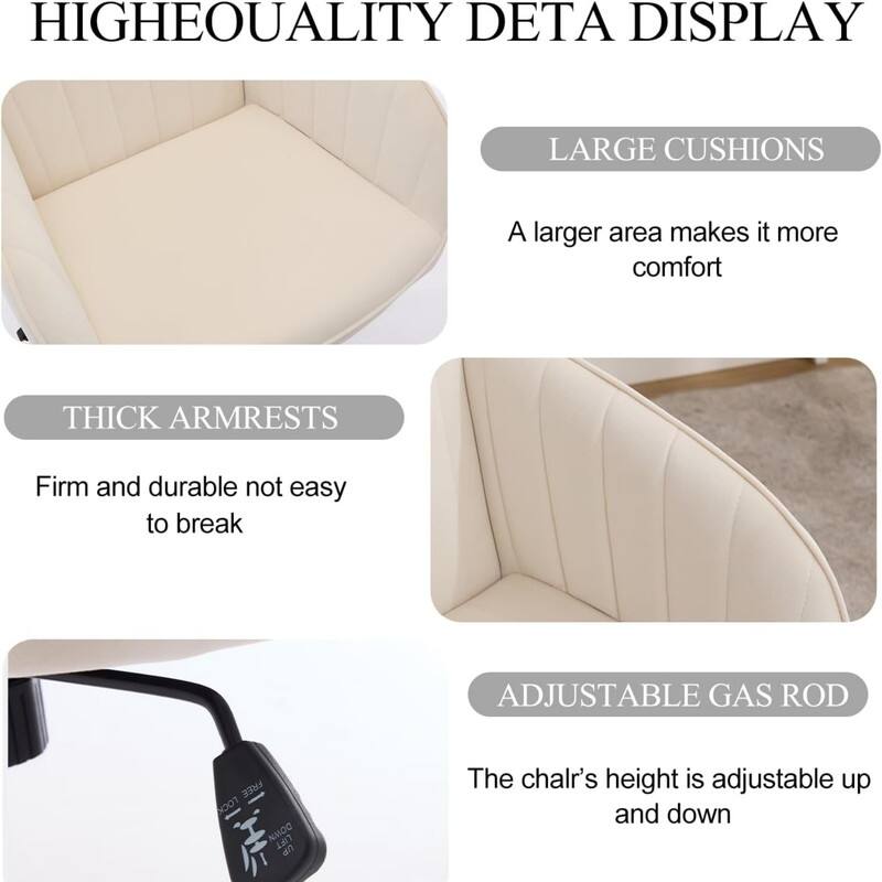 HIGHEOUALITY DETA DISPLAY

LARGE CUSHIONS
A larger area makes it more comfort

THICK ARMRESTS
Firm and durable not easy to break

ADJUSTABLE GAS ROD
The chair's height is adjustable up and down