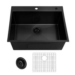 Siljoy - 25 inch Drop-in Single Bowl Kitchen Sink 18 Gauge Stainless Steel Topmount Sink with Pull Out Spring Neck Faucet - Black