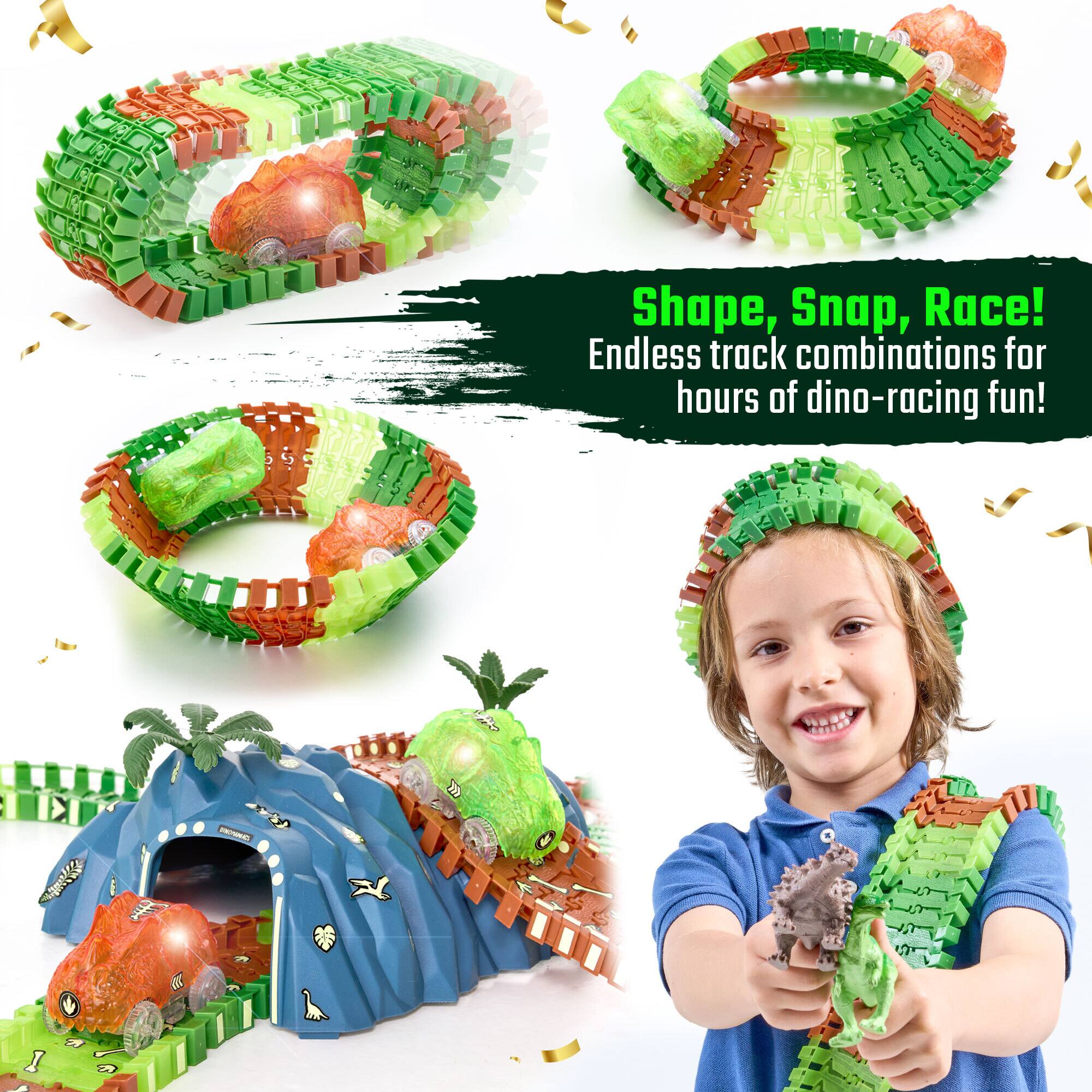 Shape, Snap, Race!  
Endless track combinations for hours of dino-racing fun!