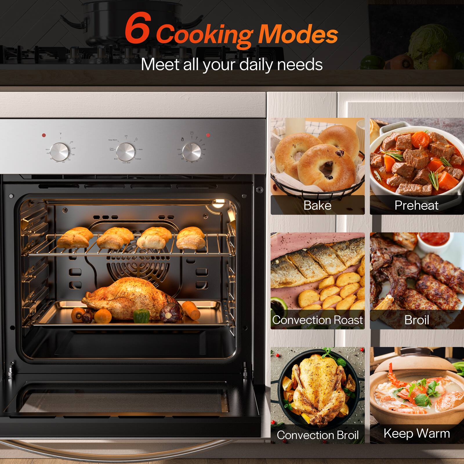 6 Cooking Modes Meet all your daily needs: Bake, Preheat, Convection Roast, Broil, Convection Broil, Keep Warm.