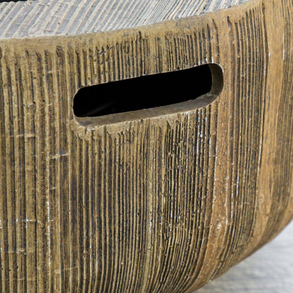 Left. Resenkos - 24 Inch Outdoor Fire Pit, Metal Wood Burning Fireplace with Spark Cover, Poker for Patio, Picnic, Backyard, Light Brown.