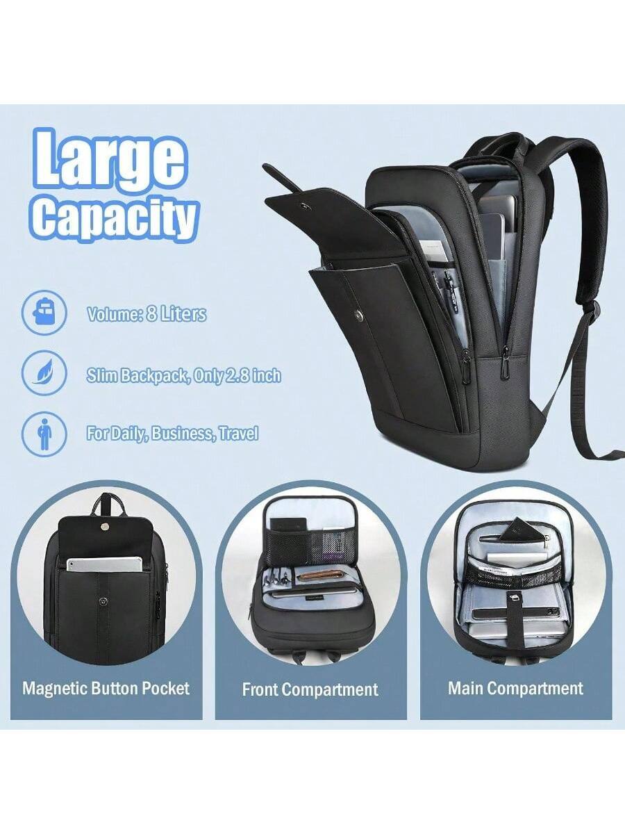 Large Capacity  
Volume: 8 Liters  
Slim Backpack, Only 2.8 inch  
For Daily, Business, Travel  

Magnetic Button Pocket  
Front Compartment  
Main Compartment