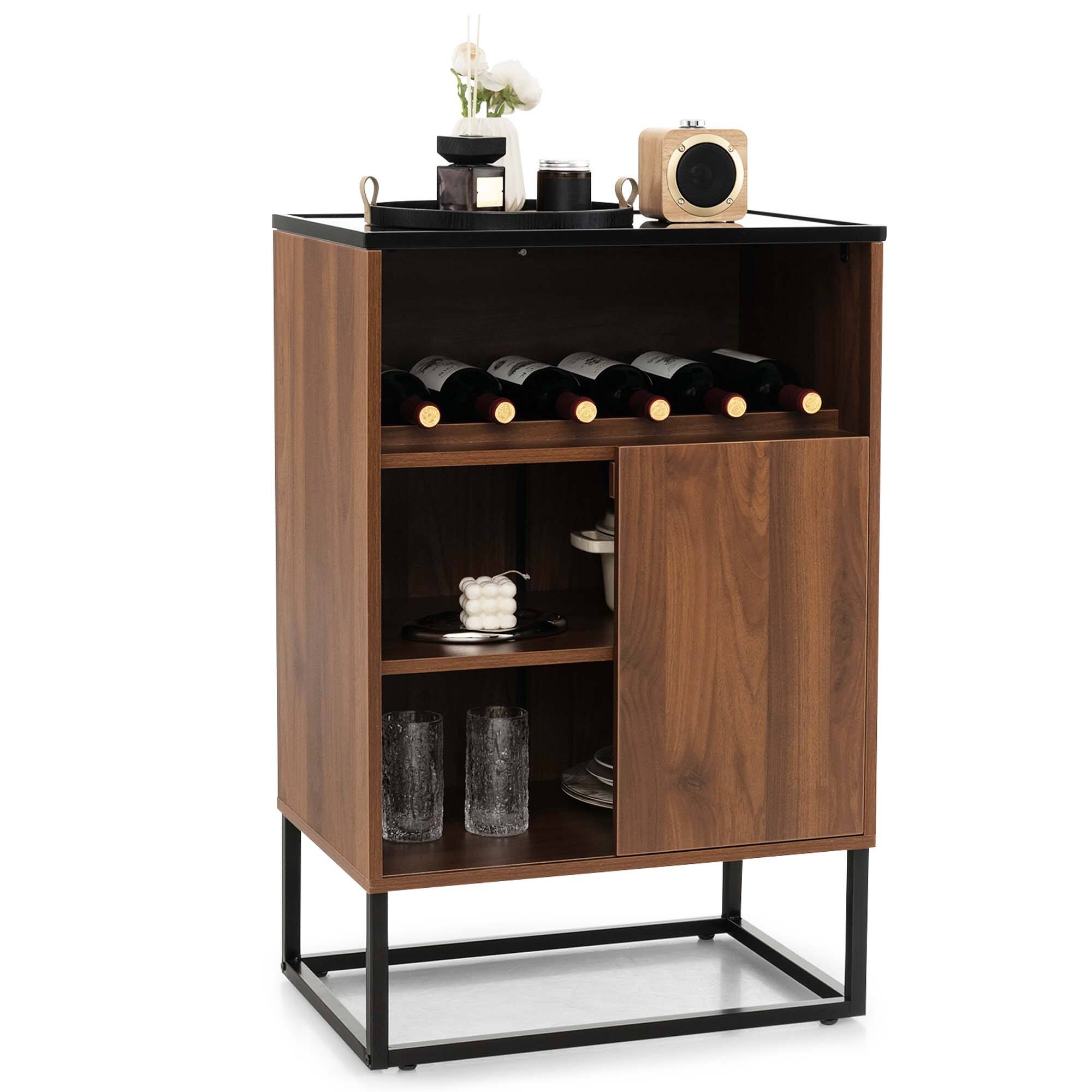 Costway - Wine Storage Cabinet Buffet Sideboard with Adjustable Shelf & Sliding Door Kitchen - Brown/Black