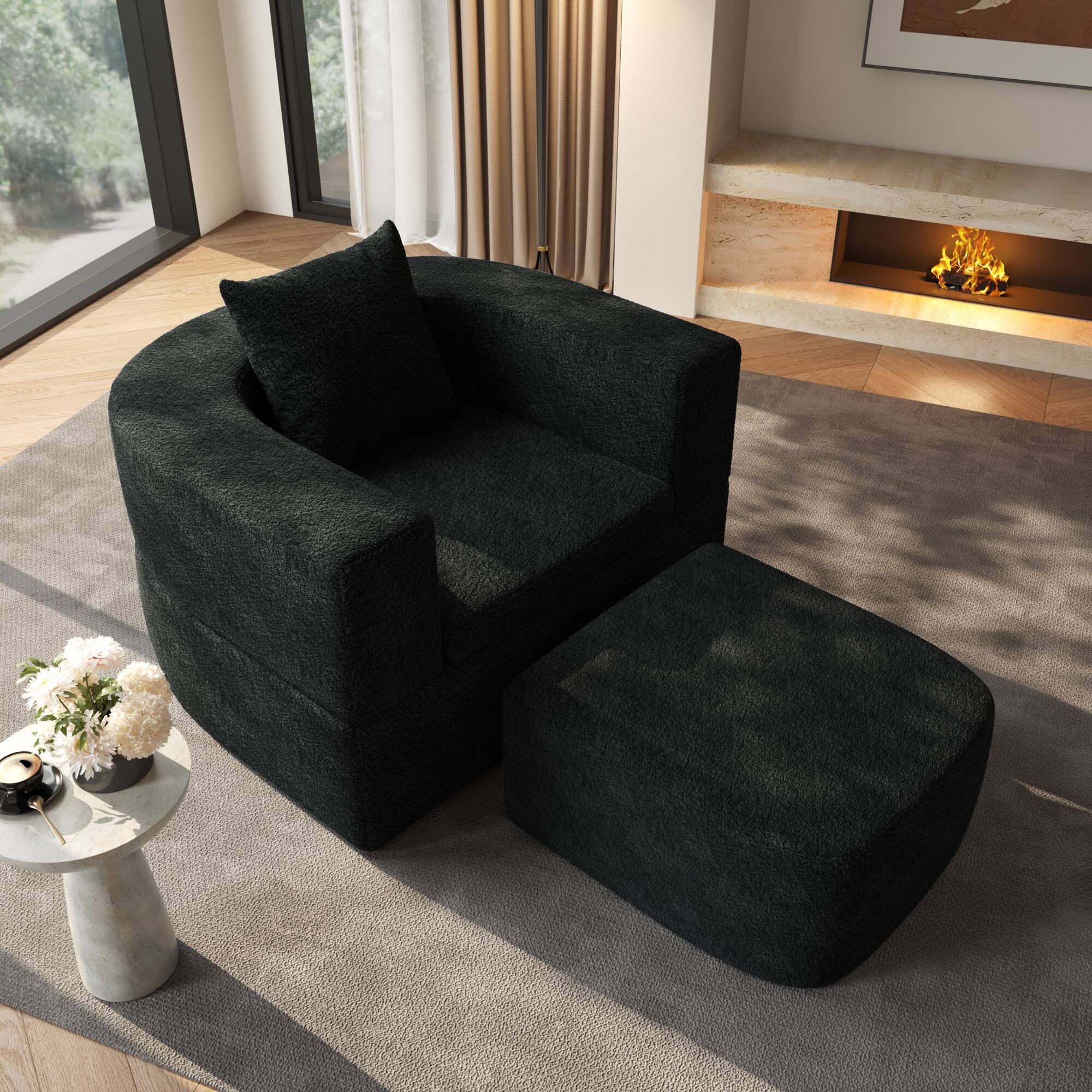 Left. Yardgrace - Boneless Sofa Chair Lounge Chair for Living Room, Modern Convertible Upholstered Sofa, Comfy Sherpa Leisure Couch - BLACK.