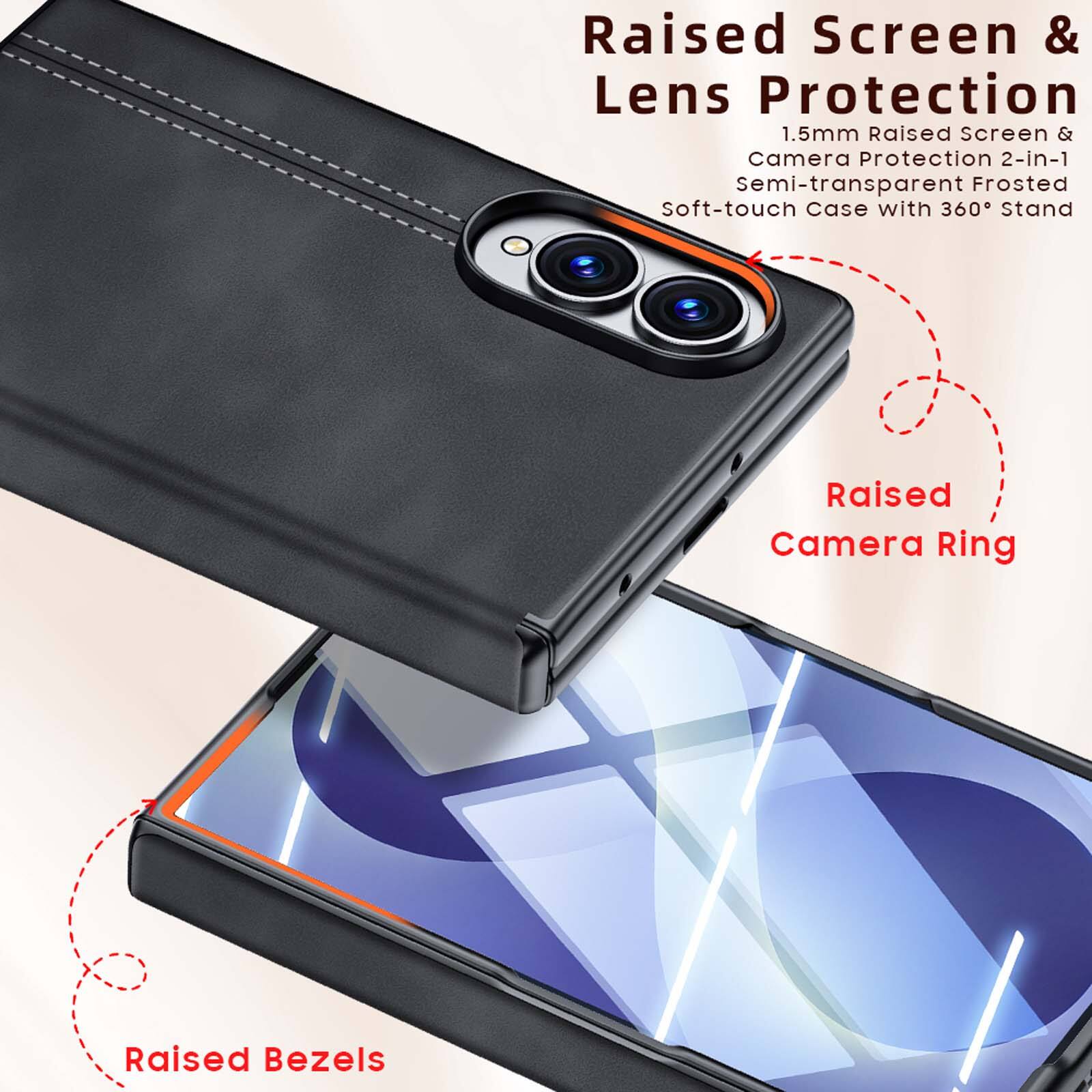 Raised Screen & Lens Protection  
1.5mm Raised Screen & Camera Protection 2-in-1 semi-transparent Frosted Soft-touch Case with 360° Stand  
Raised Camera Ring  
Raised Bezels