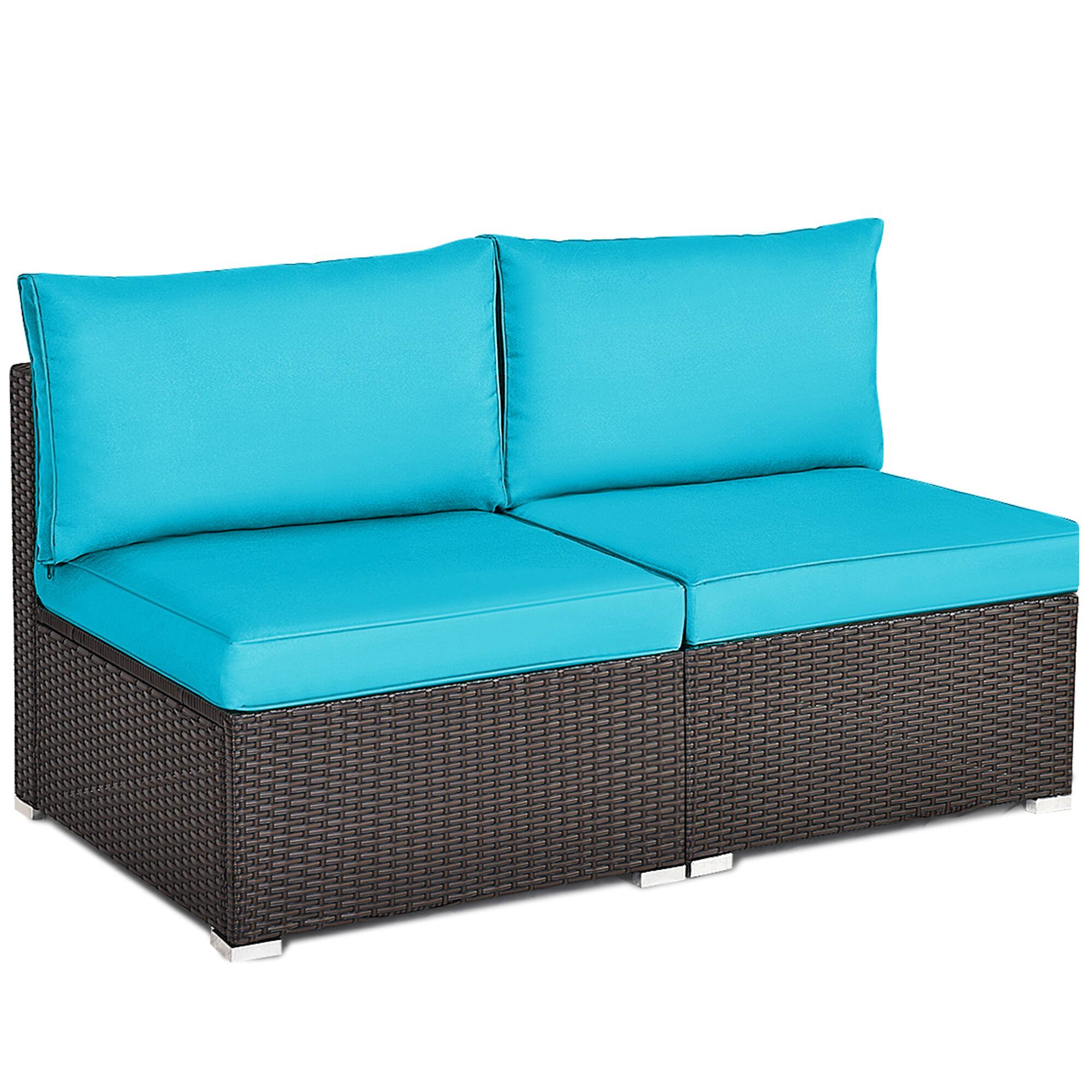 Alt View 4. Gymax - Gymax 2PCS Patio Wicker Rattan Sectional Armless Chair Sofa w/ Turquoise Cushion - Brown.