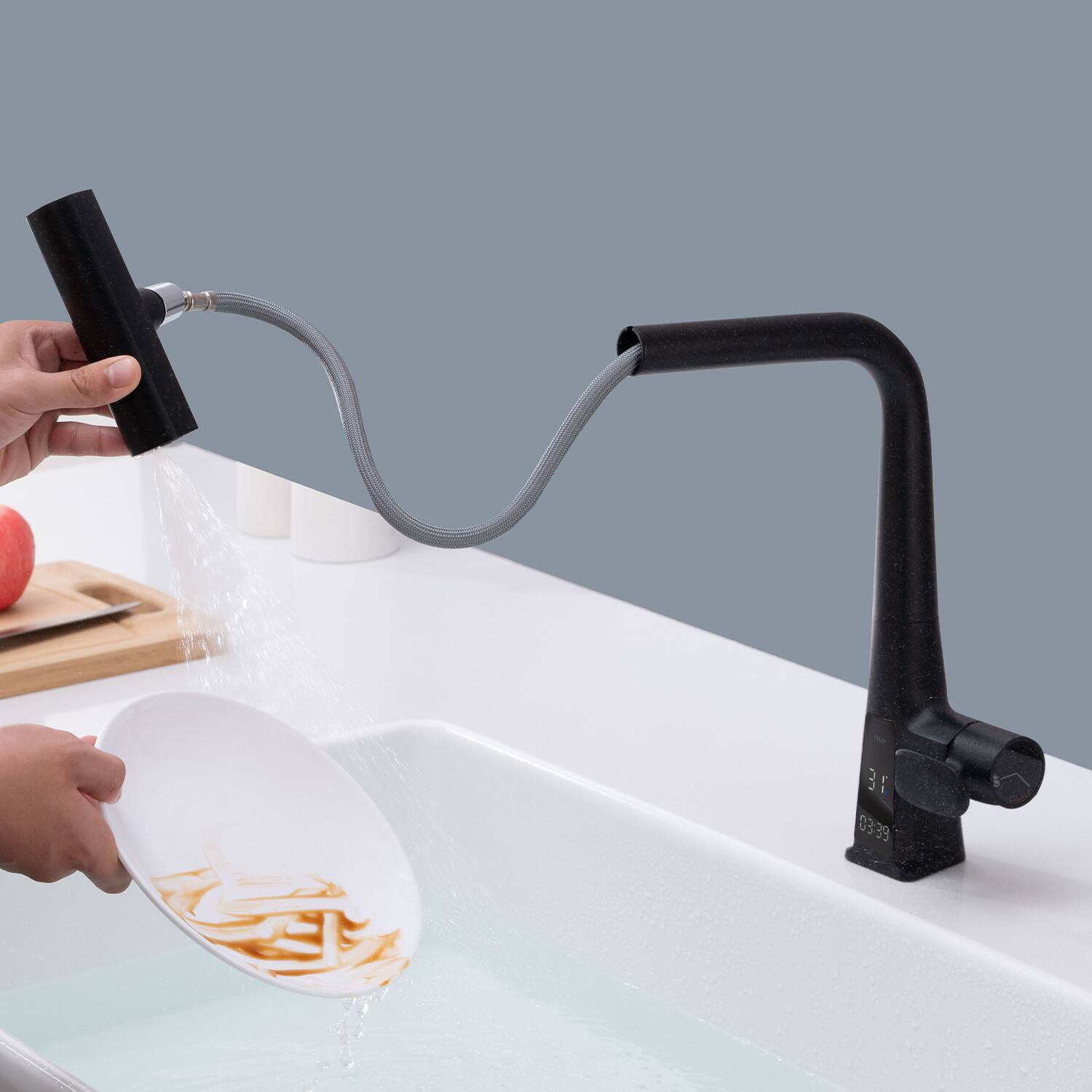 Alt View 1. Siljoy - Matte Black Waterfall Kitchen Faucet with Temperature Display Single Handle Pull Down Sprayer Three Water Outlet Modes - Matte Black.
