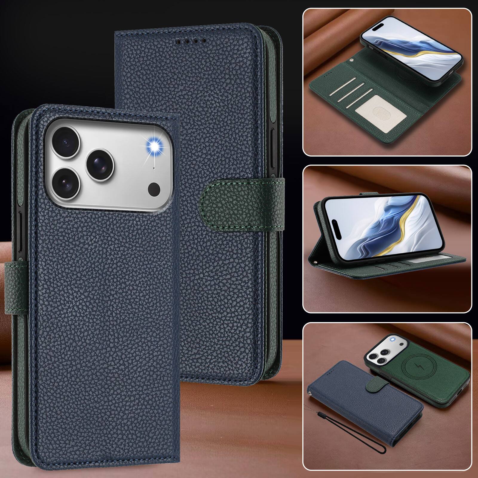 Alt View 3. Dteck - for Apple iPhone 17 Pro Max Magnetic Detachable Wallet Case,2-in-1 Folio Cover with Card Slots Wrist Strap & Kickstand - Blue.