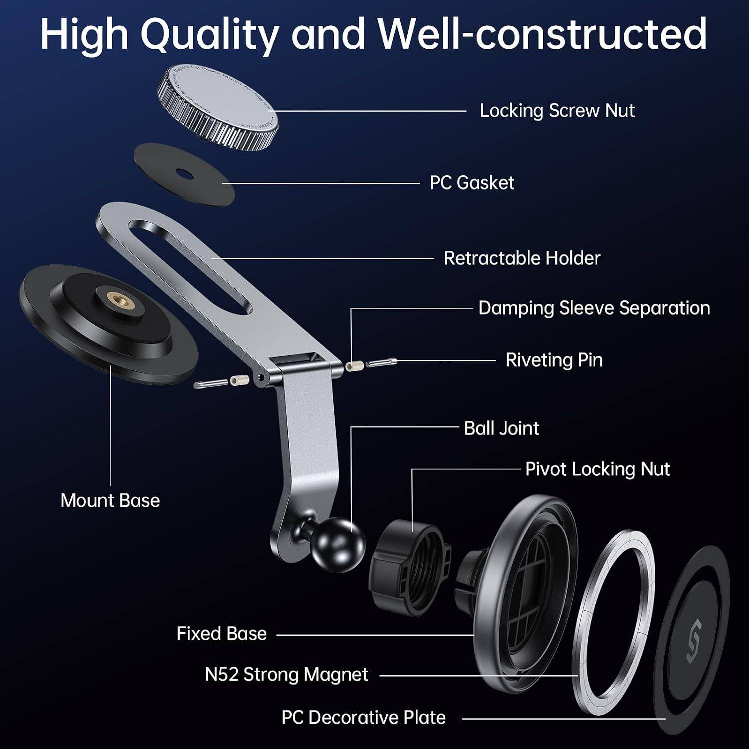 High Quality and Well-constructed

- Locking Screw Nut
- PC Gasket
- Retractable Holder
- Damping Sleeve Separation
- Riveting Pin
- Ball Joint
- Mount Base
- Pivot Locking Nut
- Fixed Base
- N52 Strong Magnet
- PC Decorative Plate