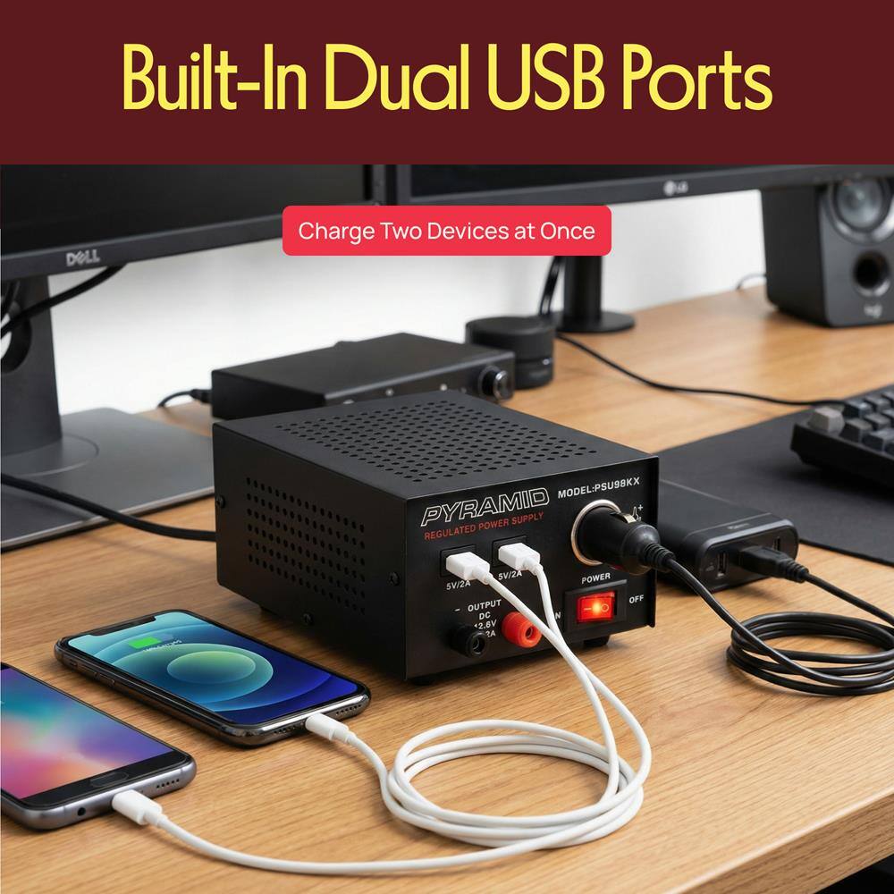 Built-In Dual USB Ports  
Charge Two Devices at Once  

MODEL/PSUBBKX  
PYRAMID POWER SUPPLY REGULATED  
SW/ZA SV/ZA  
I OUTPUT DO 2.BV TA M  
POWER OFF